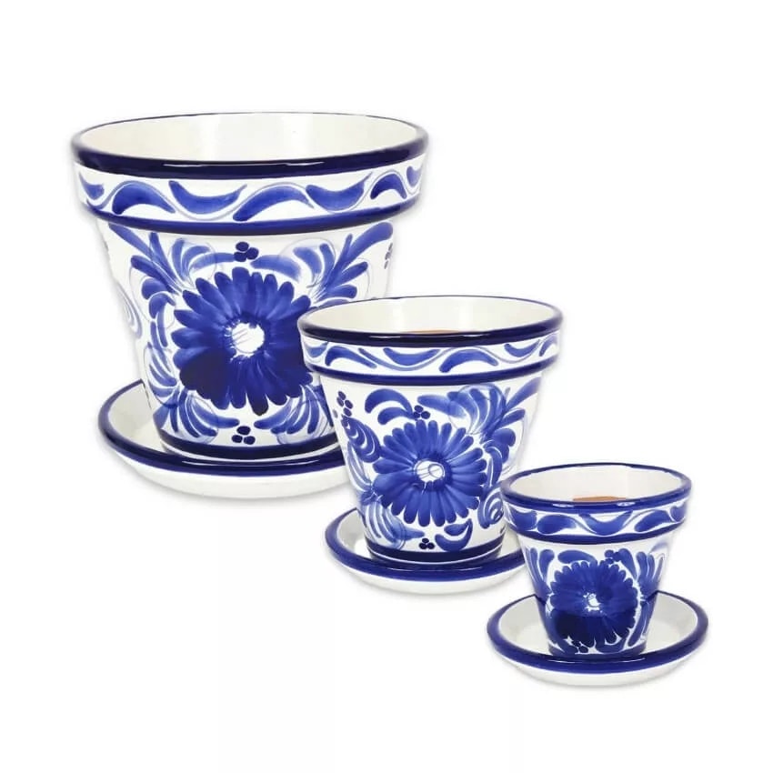 Verano Spanish Ceramics Blue Classic Floral Plant Pots - Set Of 3 - 3 X Classic Pots With Drainage Plates - Terracotta