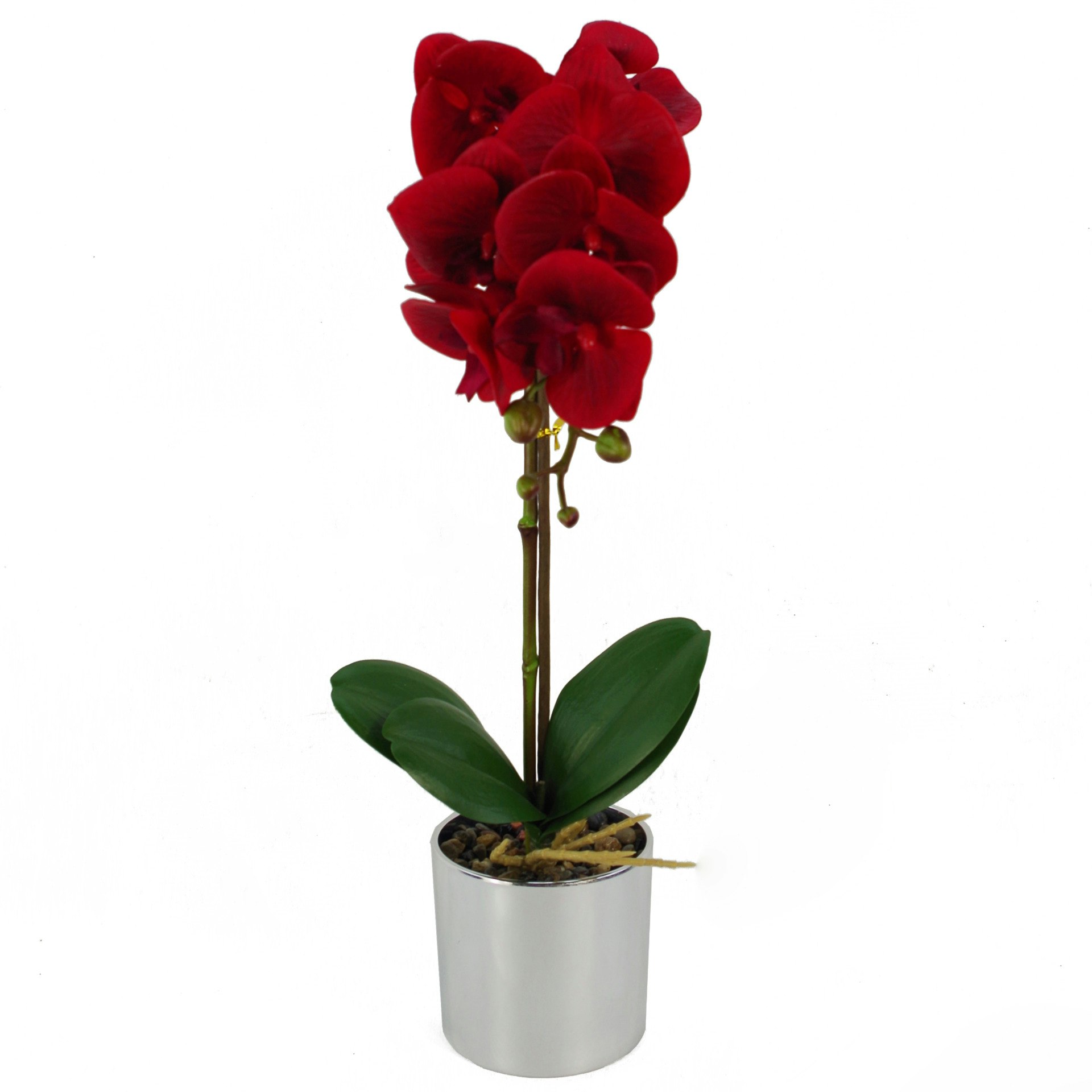 Leaf Red/Silver Artificial Orchid With Pot - 46Cm