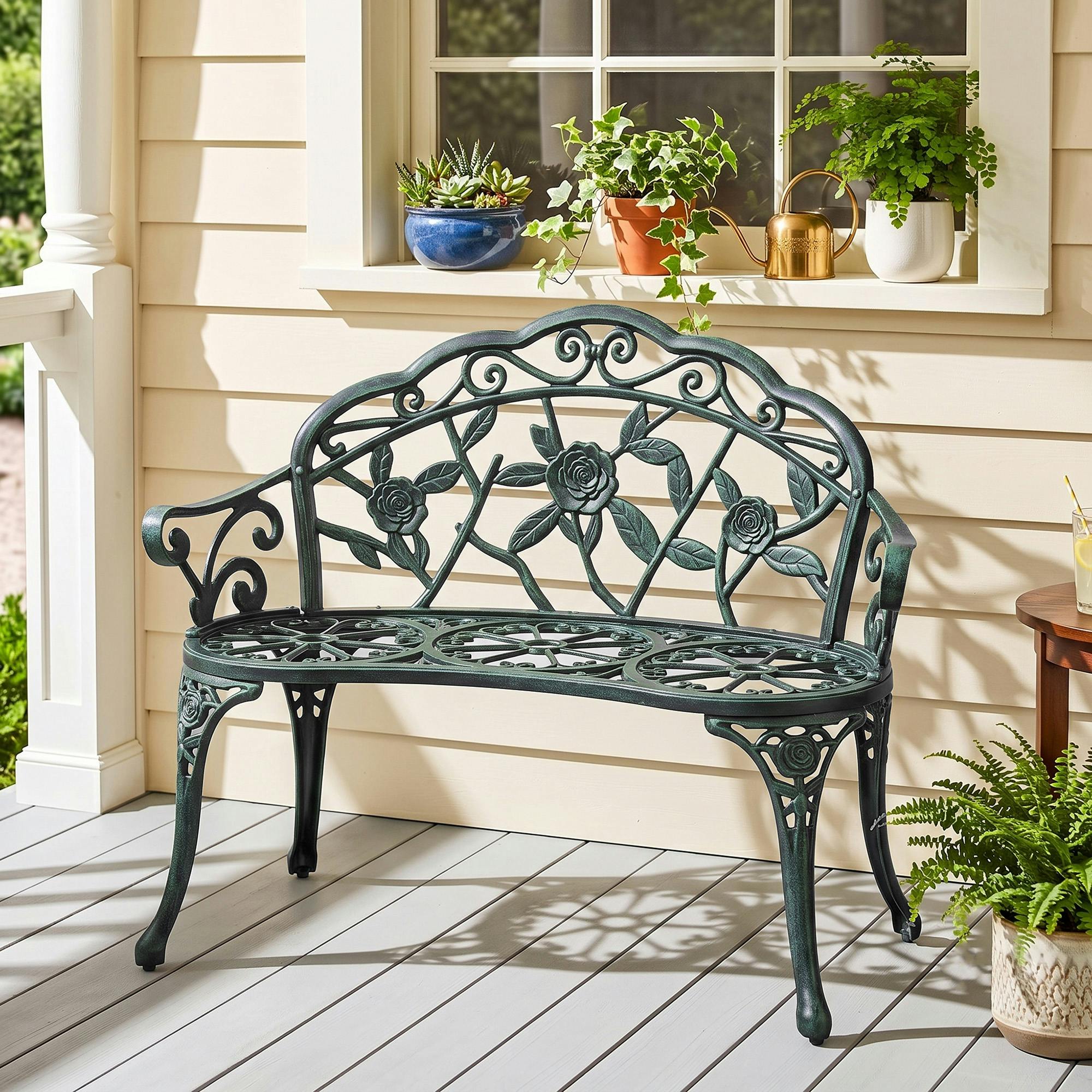 Rackhams Green Garden Bench Porch Park Chair Seater Antique Rose Style Cast Aluminium