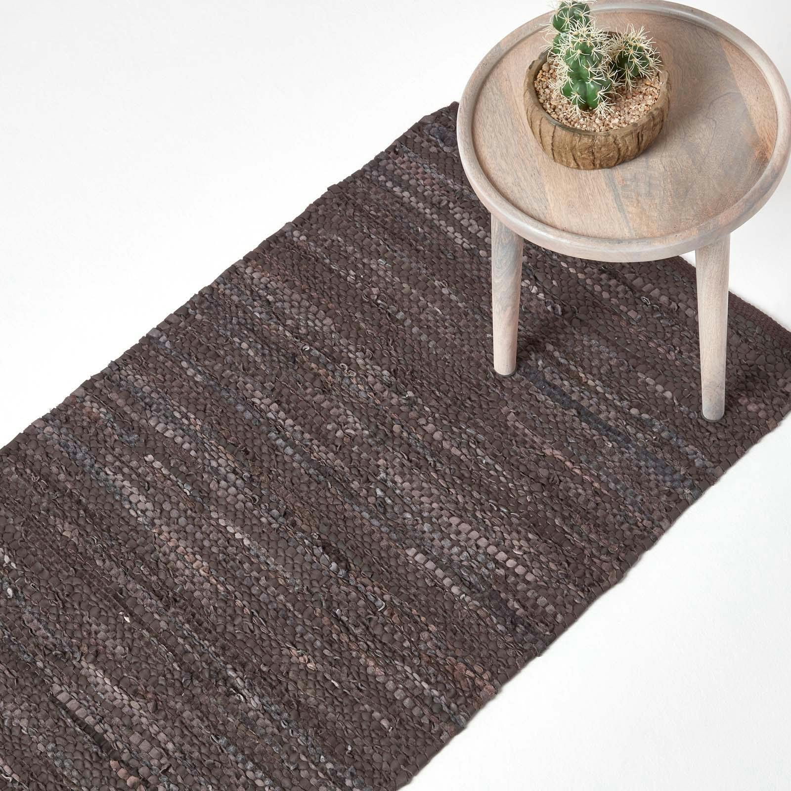 Homescapes Brown Denver Leather Woven Rug - 66 X 200 Cm
