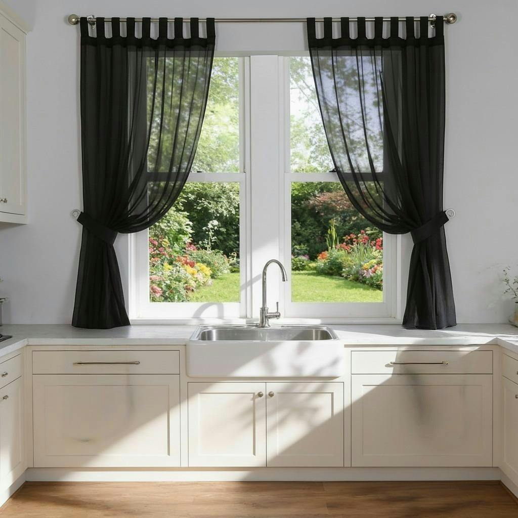 Rackhams Black Voile Tab Top Curtain Pair With Crystal Tie Backs Sheer Window Panels - 150Cm Width X 122Cm Drop