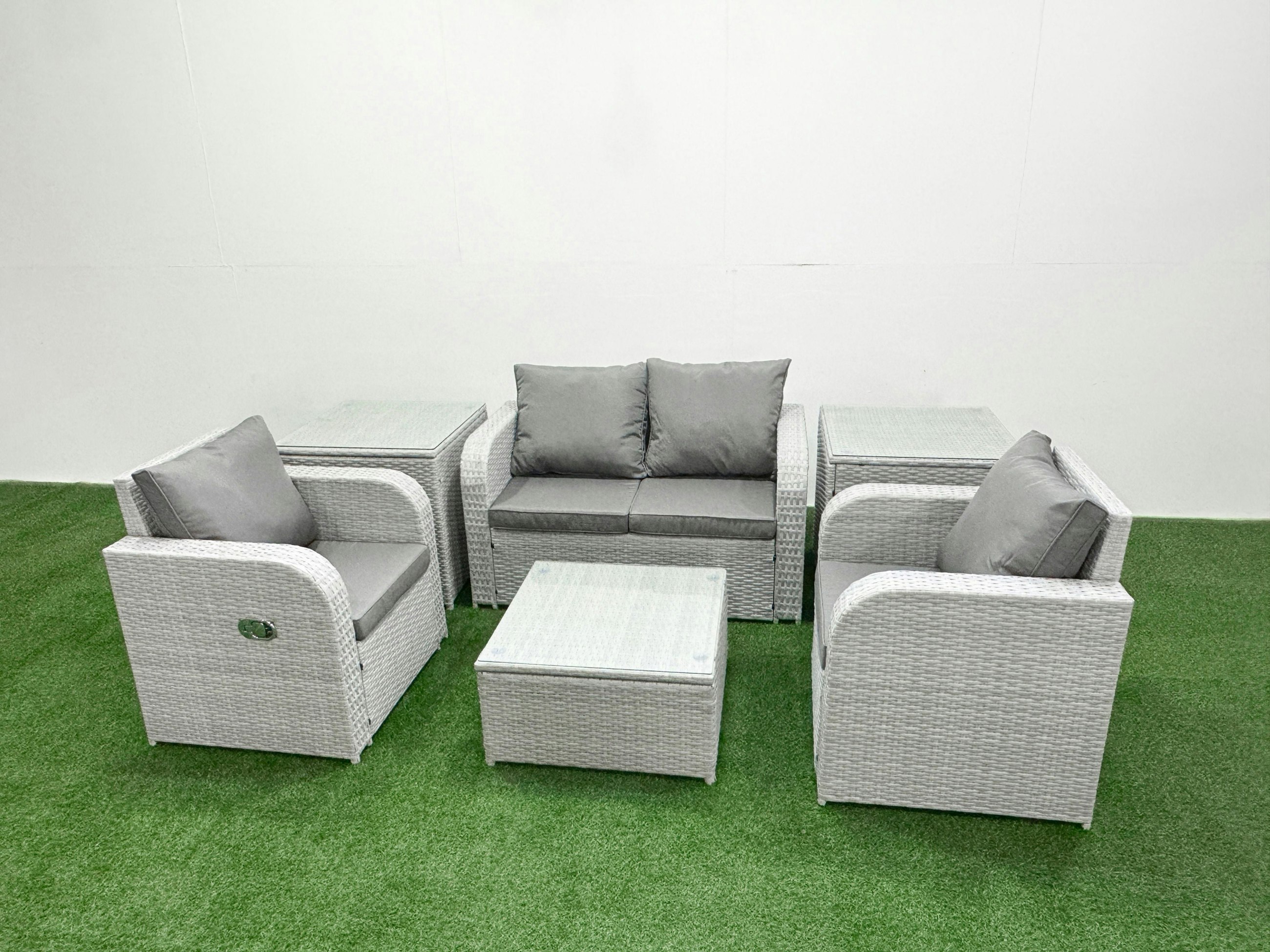 Rackhams Light/Grey Pe Wicker Rattan Garden Furniture Set Sofa Set Reclining Adjustable Chair Square Coffee Table 4 Seater With 2 Side Table