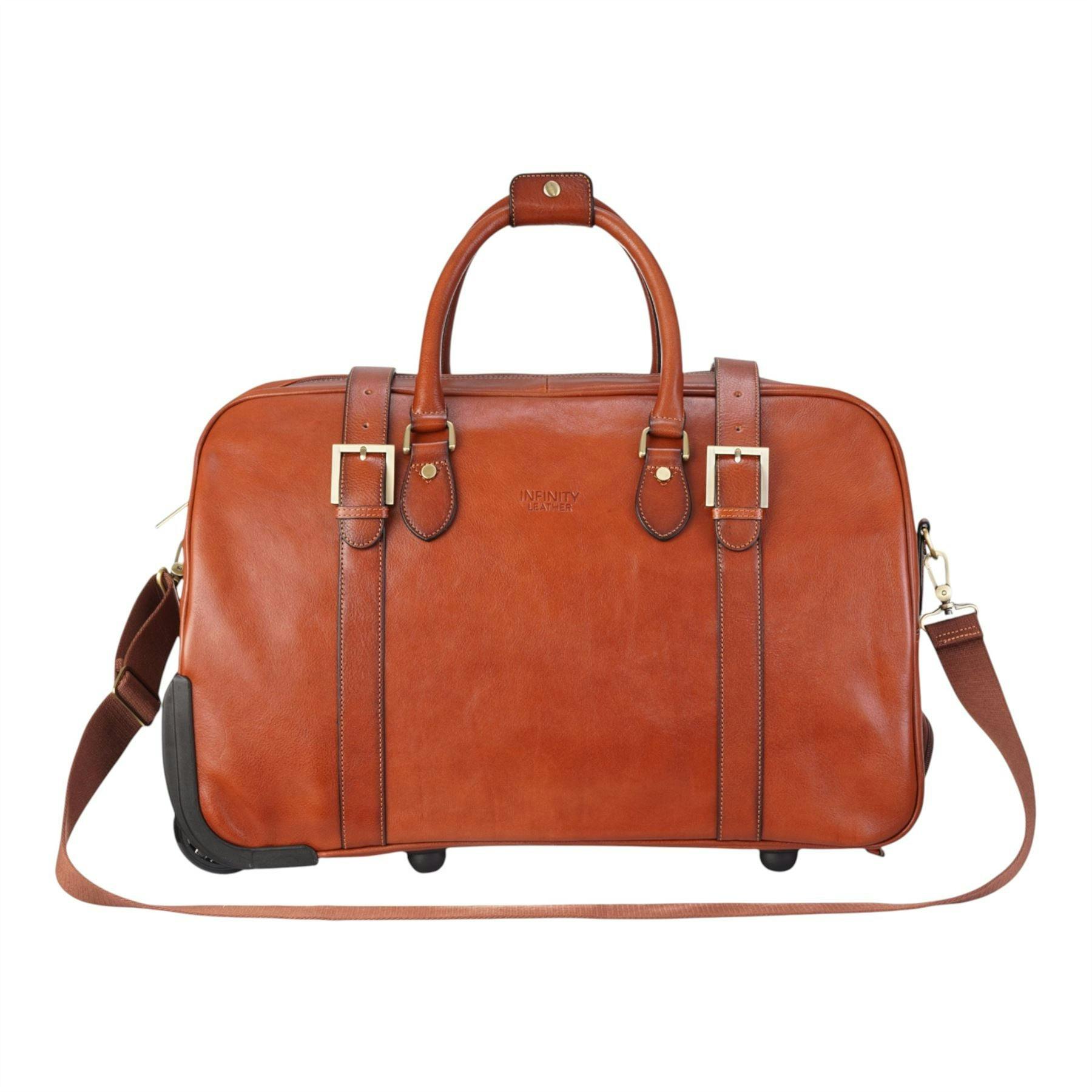 Infinity Leather Genuine Leather Wheeled Holdall Duffle Travel Cabin Bag - Holt - Tan - 50 X 32 X 27 Cm