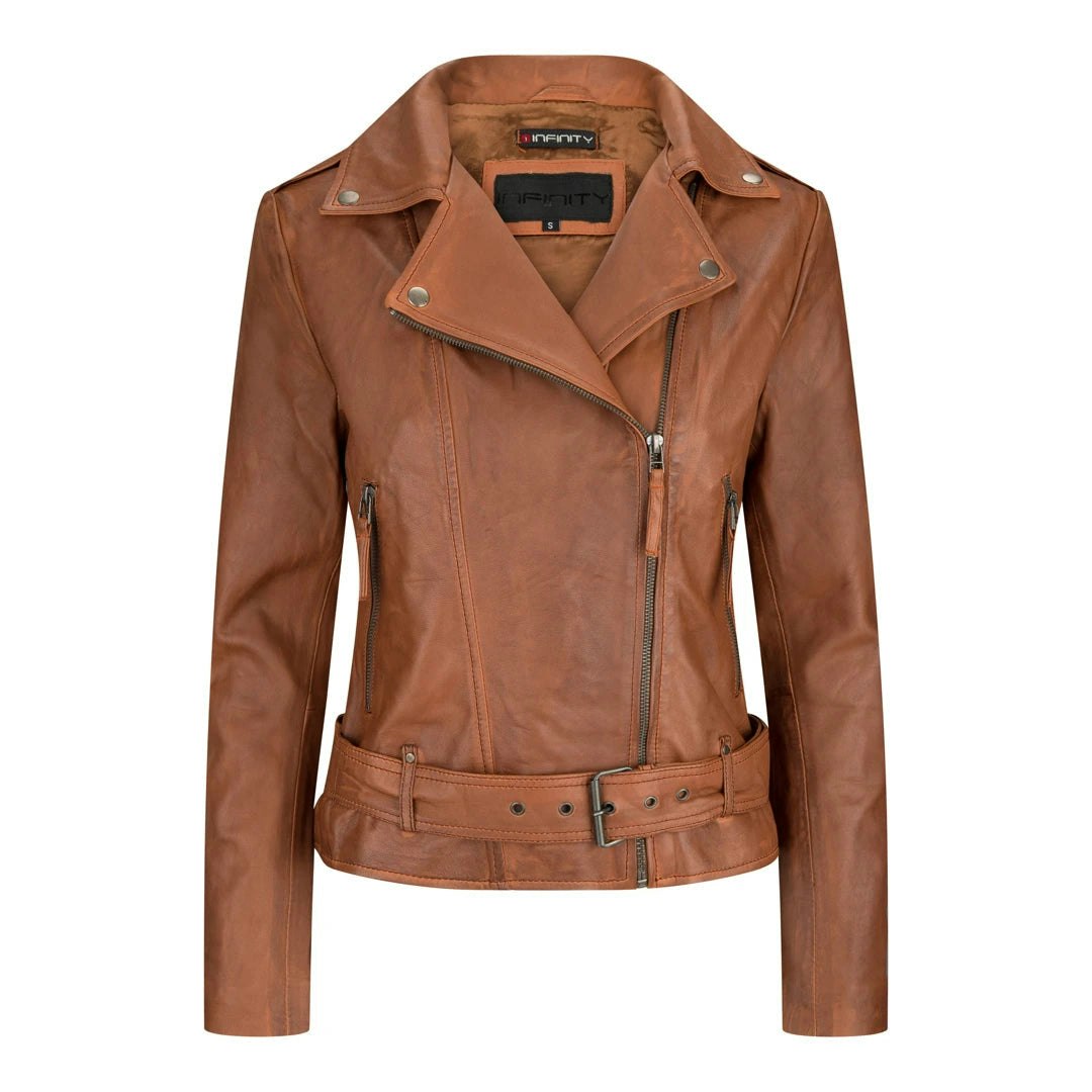 Aviatrix Women's Leather Biker Jacket With Belt - Uk 20 - Timber