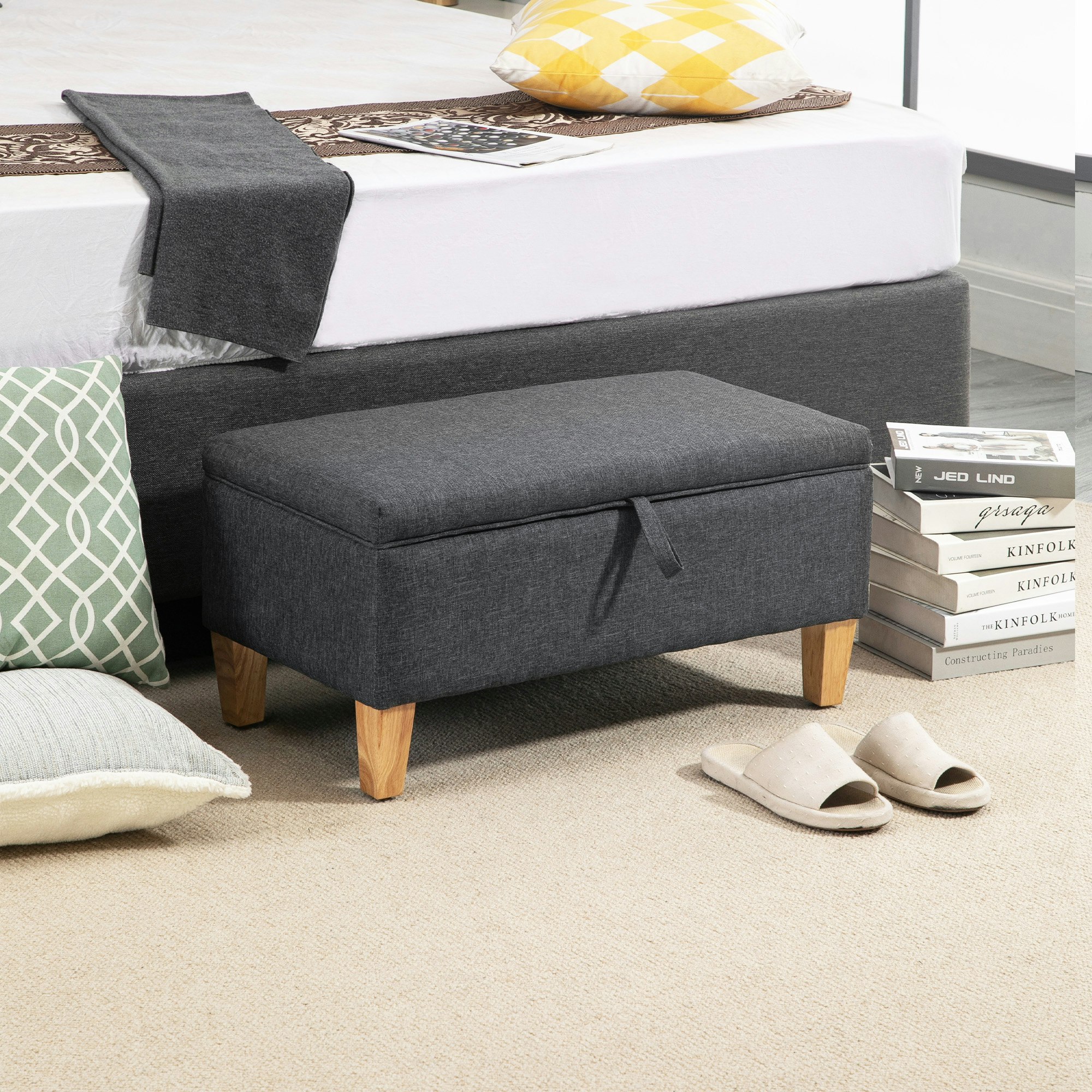 Rackhams Linen Storage Ottoman Storage Box With Rubberwood Legs