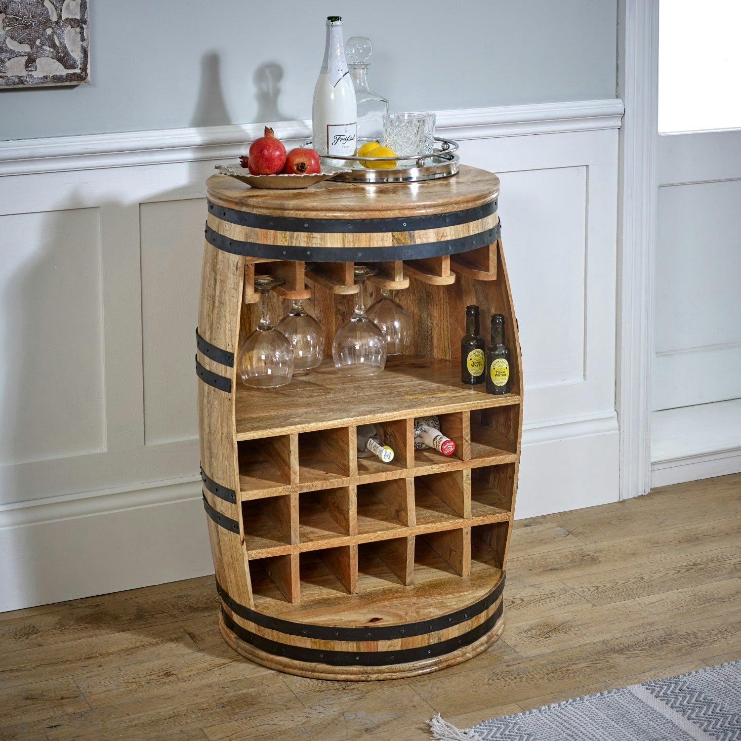 Rackhams Dark Valor Solid Mango Wood Barrel Wine Sideboard - Lacquered - Wood - 1