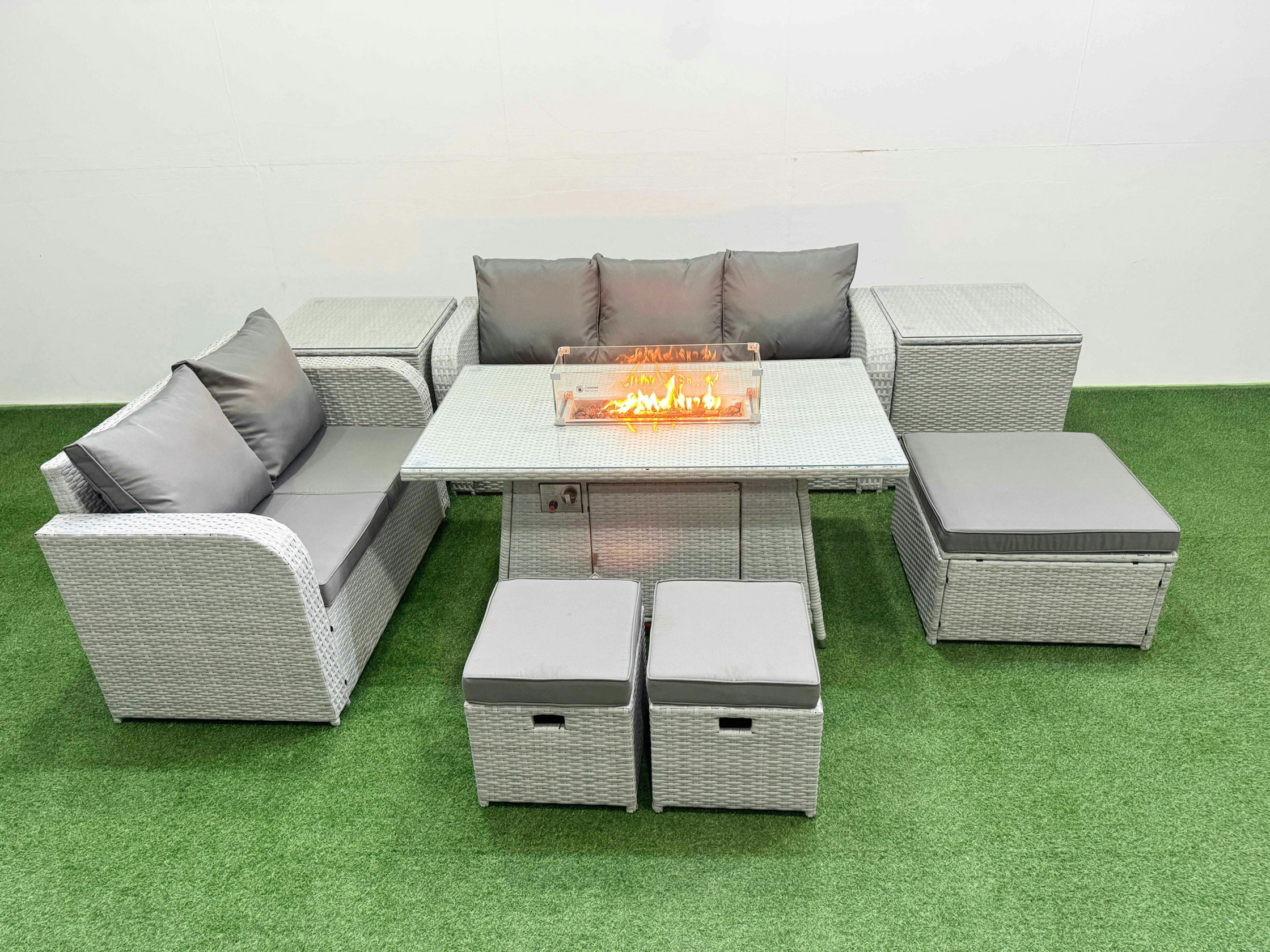 Rackhams Light/Grey/Dark 8 Seater Pe Rattan Wicker Garden Furniture Patio Conservatory Sofa Set With Fire Pit Dining Table 3 Seater Sofa Love Sofa 3 Stool 2 Side Table