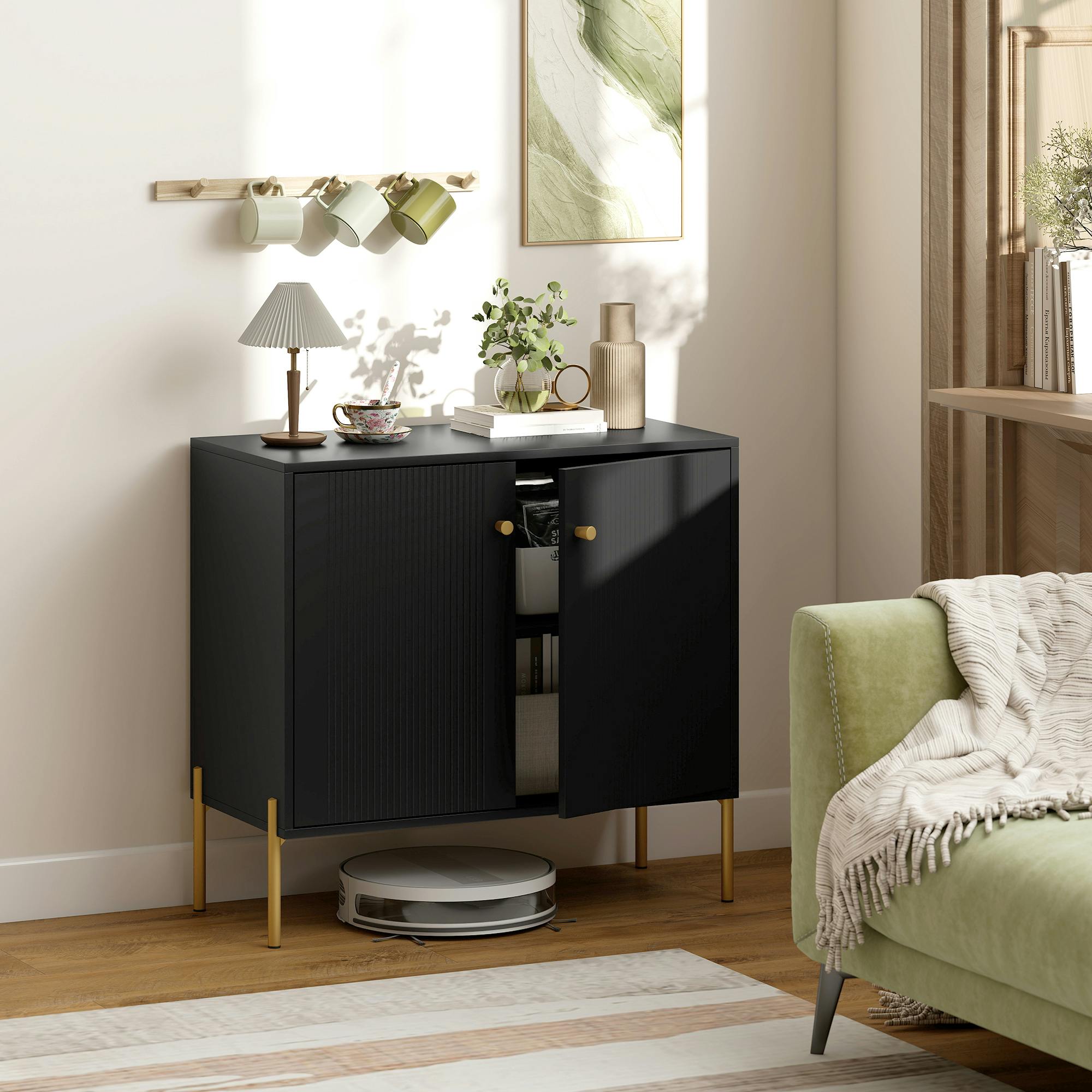 Rackhams Black/Gold Modern Sideboard Buffet Cabinet With Fluted Doors, Coffee Bar Cabinet
