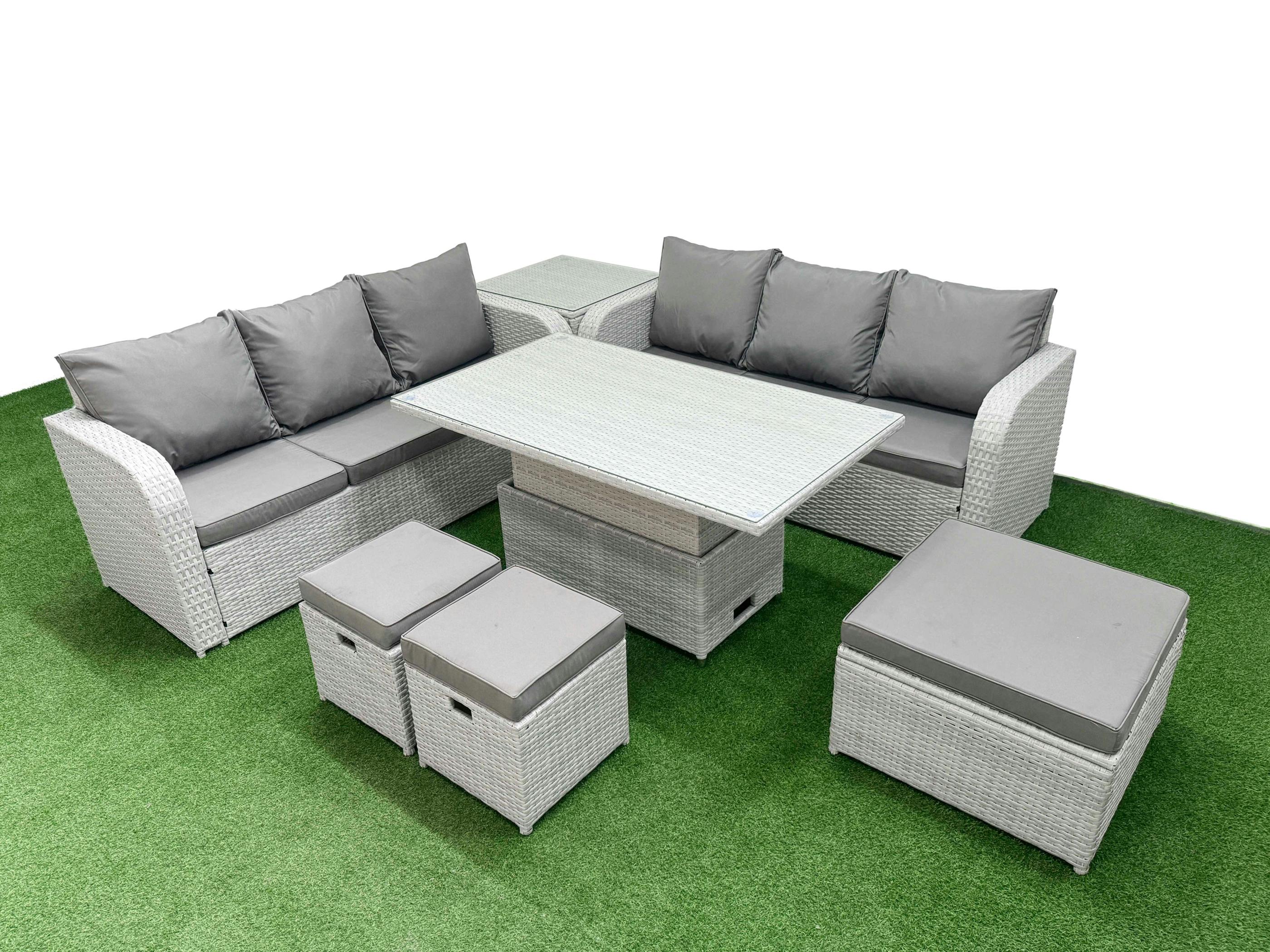 Fimous Light/Grey 9 Seater Garden Set, Rattan Furniture, Adj Height Table, High Back Lounge Sofa, 3 Stools And Side Table,