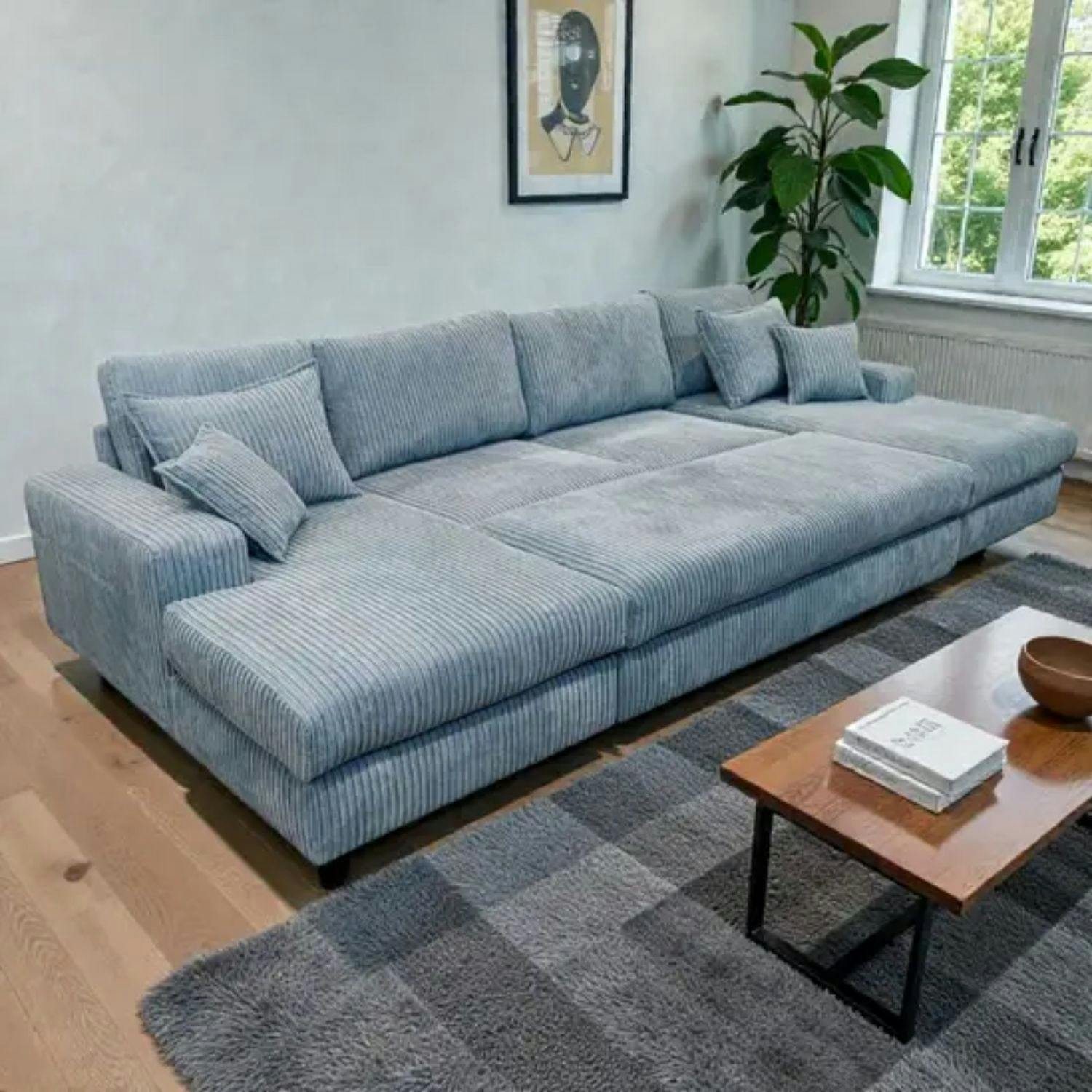 Rackhams Blue Large Spacious Double Corner Sofa With Footstool Jumbo Cord