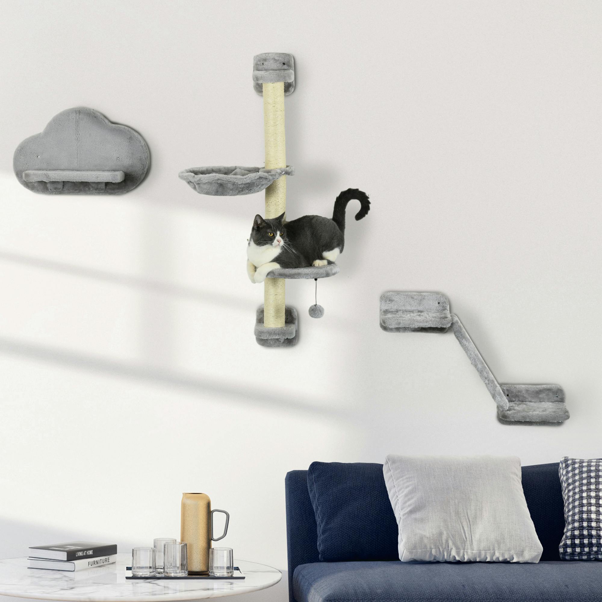 Pawhut Grey Cat Wall Furniture W/ Hammock, Platforms, Ladder, Scratching Post