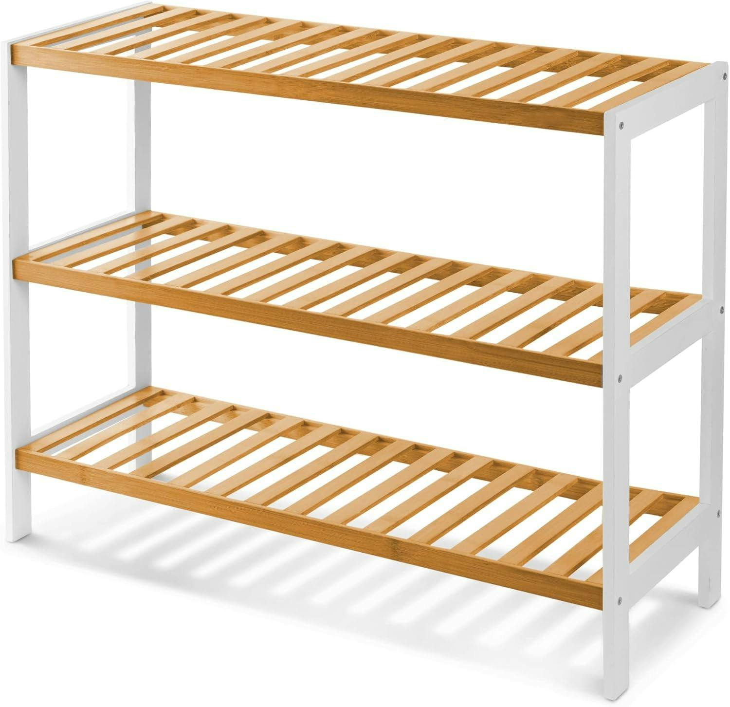 Mantraraj White/Brown Bamboo 3 Tier Shoe Rack Easy Assembly Storage Shelf Organiser Wooden Shoe Rack - Shoe Rack - Bamboo