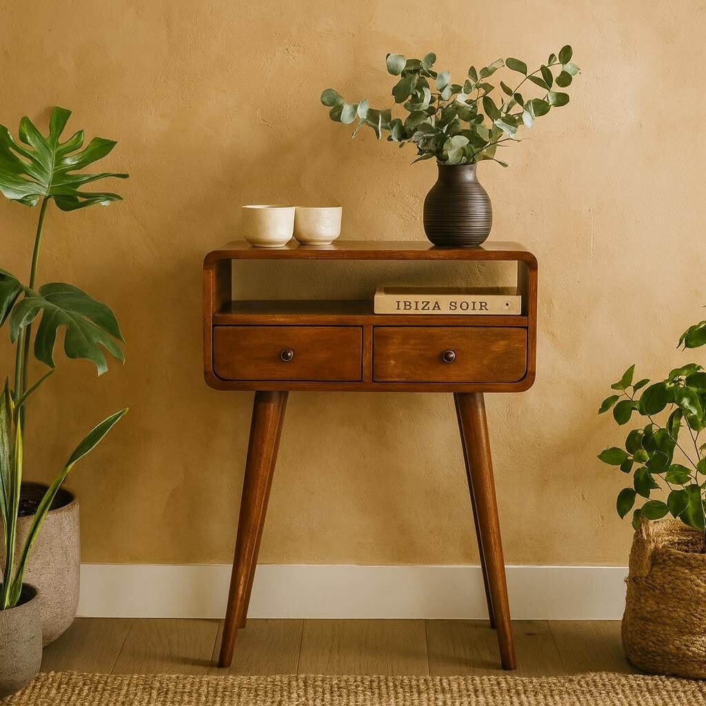 Wyld Haus Venzone Mini Chestnut Console Table 2 Drawers And Open Shelf