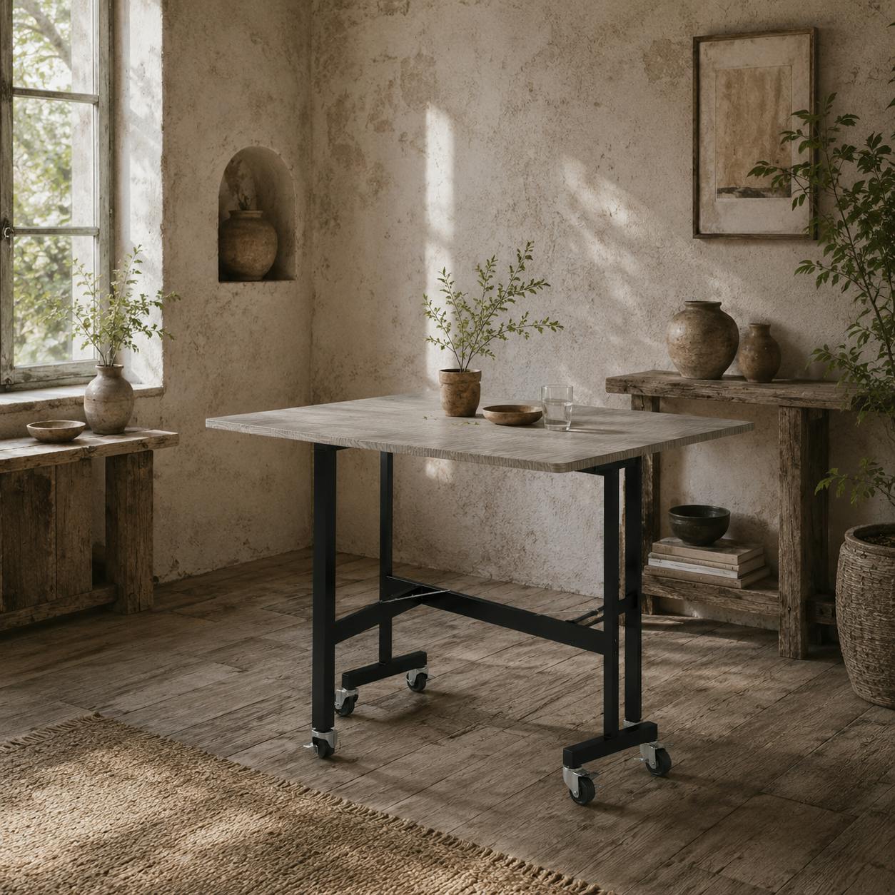 Rackhams Grey Neseva Wooden Wood Effect Drop Leaf Dining Table With Wheels Seating 6