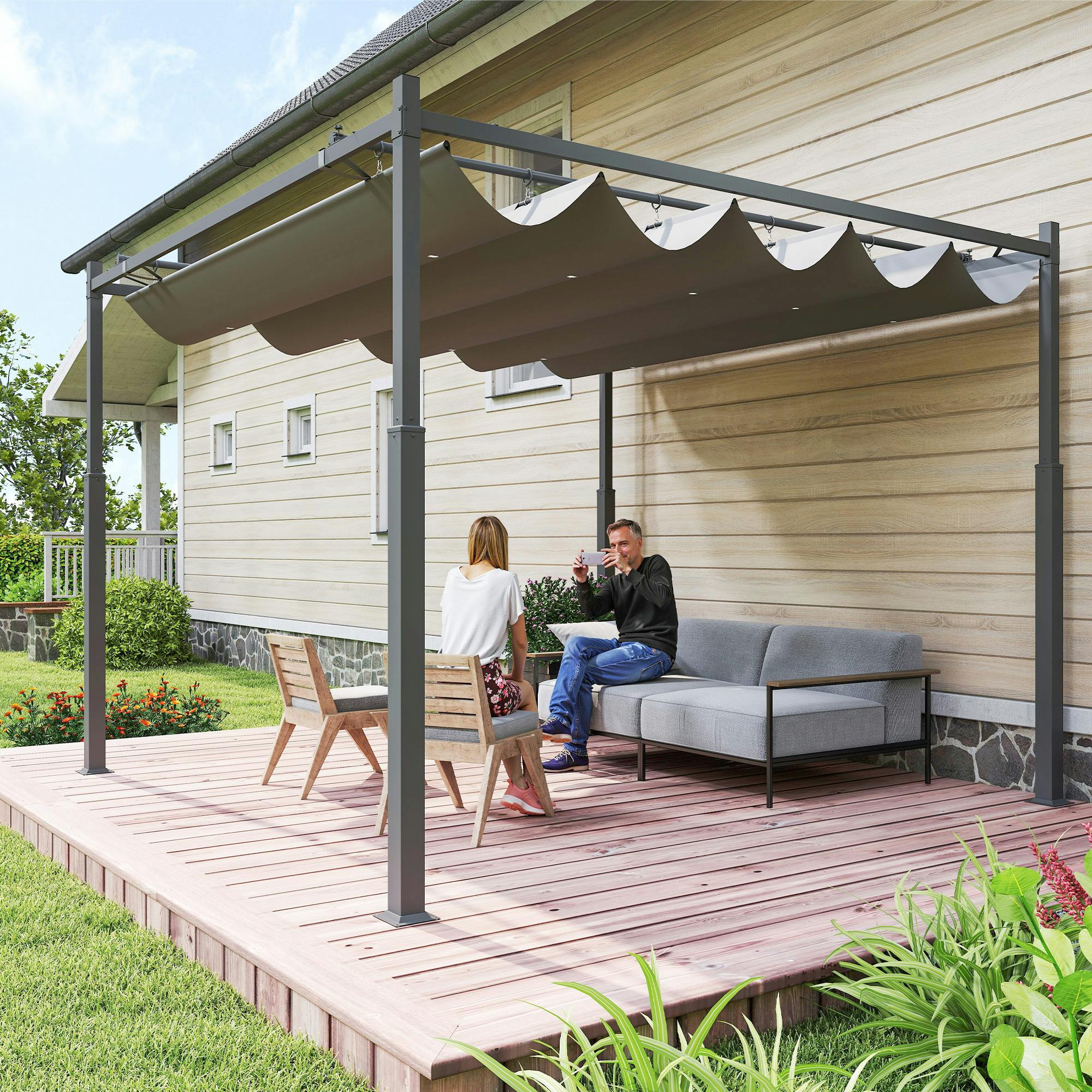 Outsunny White 3 X 3(M) Pergola With Retractable Roof, 80Mm Metal Column,