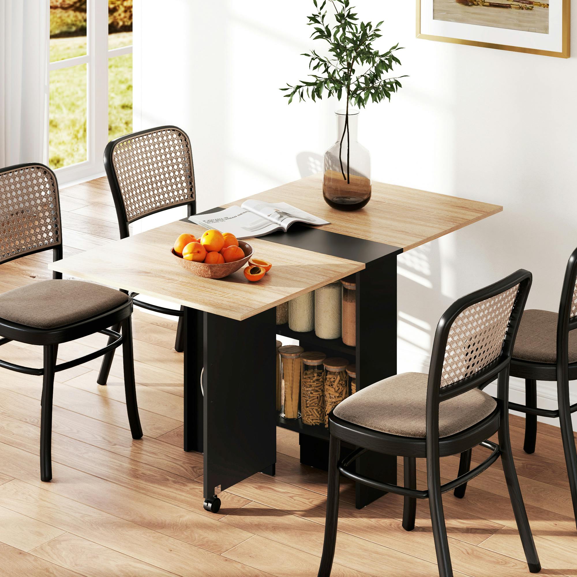 Homcom Black Mobile Drop Leaf Dining Table Folding Desk W/ 2 Wheels - Oak And