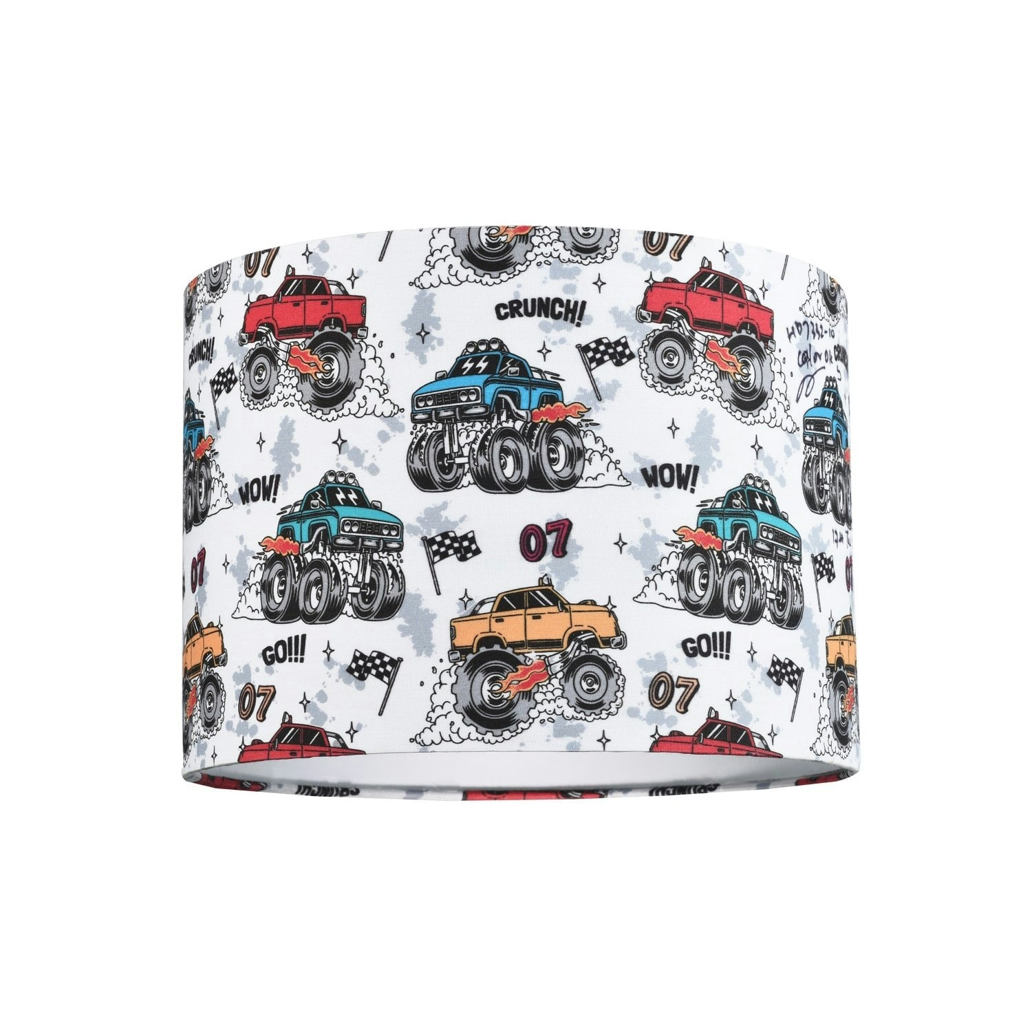 Happy Homewares White Modern And Colourful Monster Trucks Kids Cotton Fabric Drum Lamp Shade - 25Cm