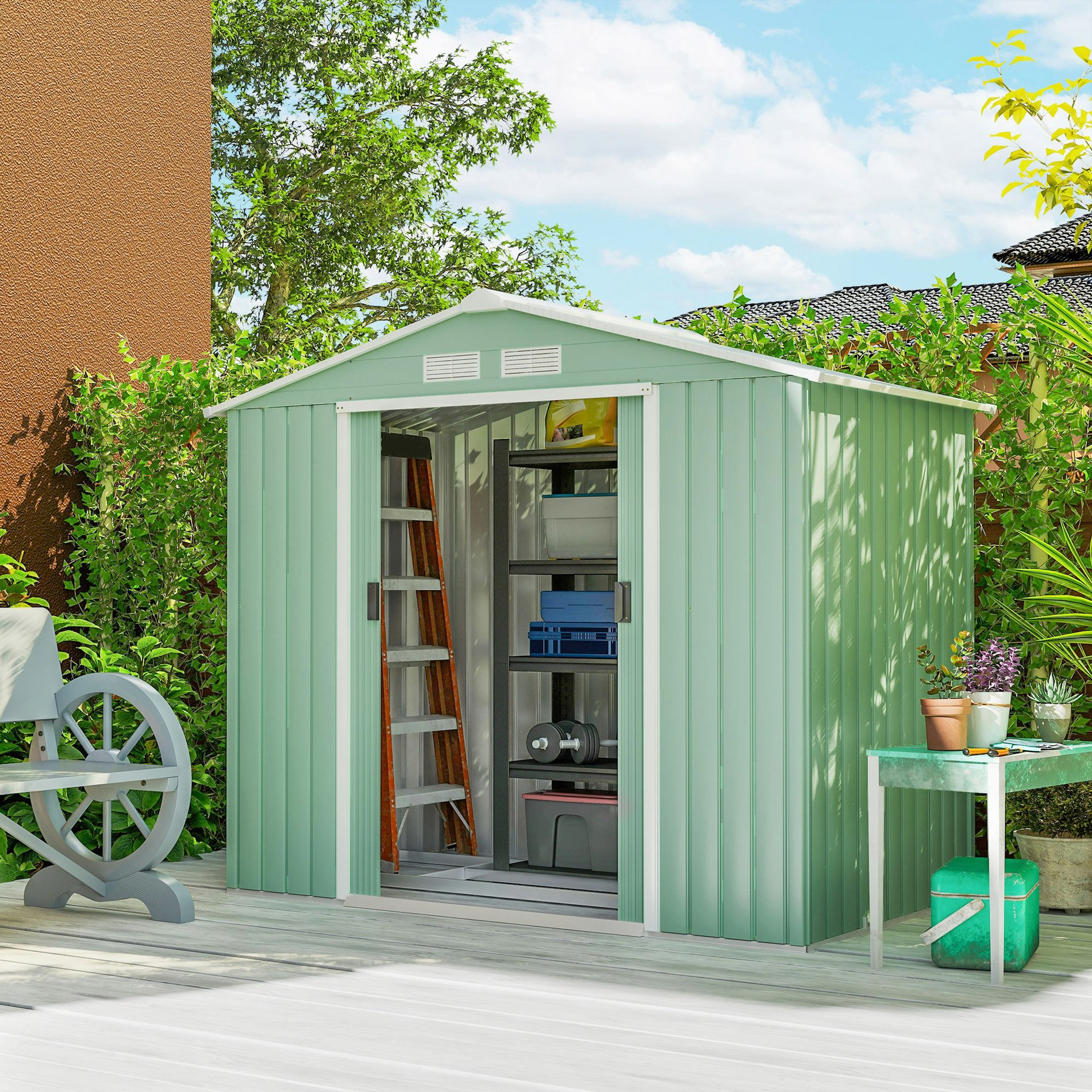Rackhams Light/Green 7 X 4Ft Garden Shed Storage With Foundation Kit And Vents