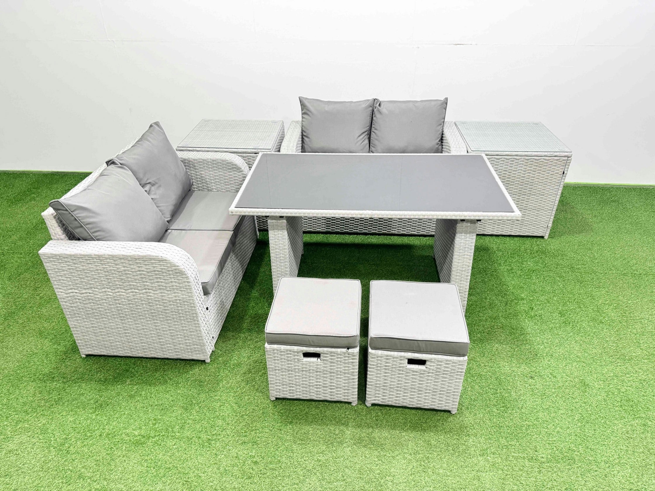 Rackhams Light/Grey 7 Pieces Outdoor Pe Rattan Sofa Set Patio Garden Furniture Sets With Cushions 2 Side Tables 2 Small Stools