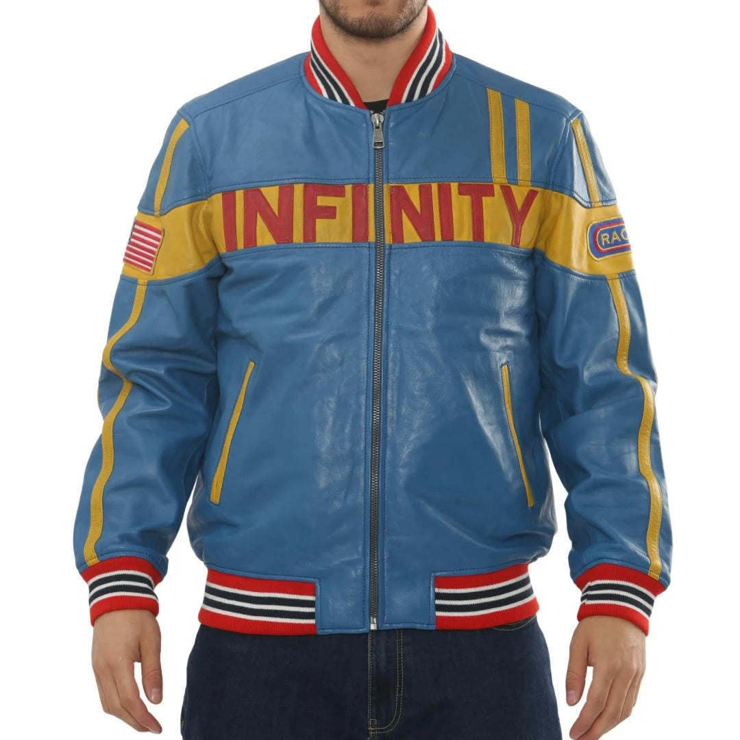 Infinity Leather Men's Blue Leather Company Leather Motorcycle Jacket Biker Bomber - 5XL