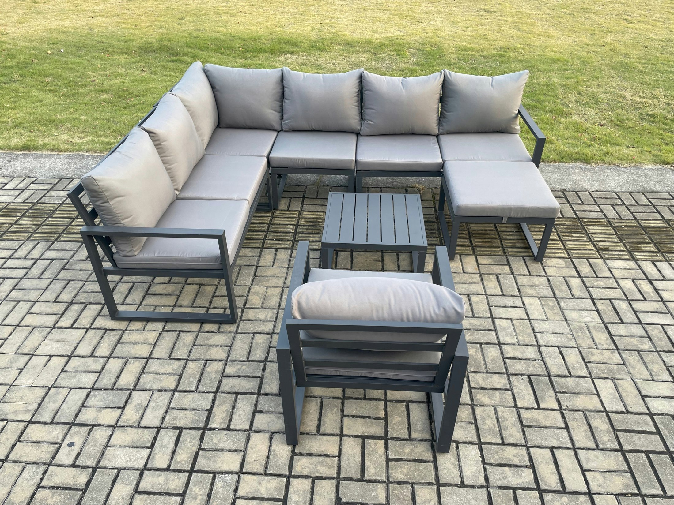 Fimous Dark/Grey 8 Seater Aluminium Garden Furniture Set Outdoor Lounge Corner Sofa Chair Square Coffee Table Sets With Big Footstool