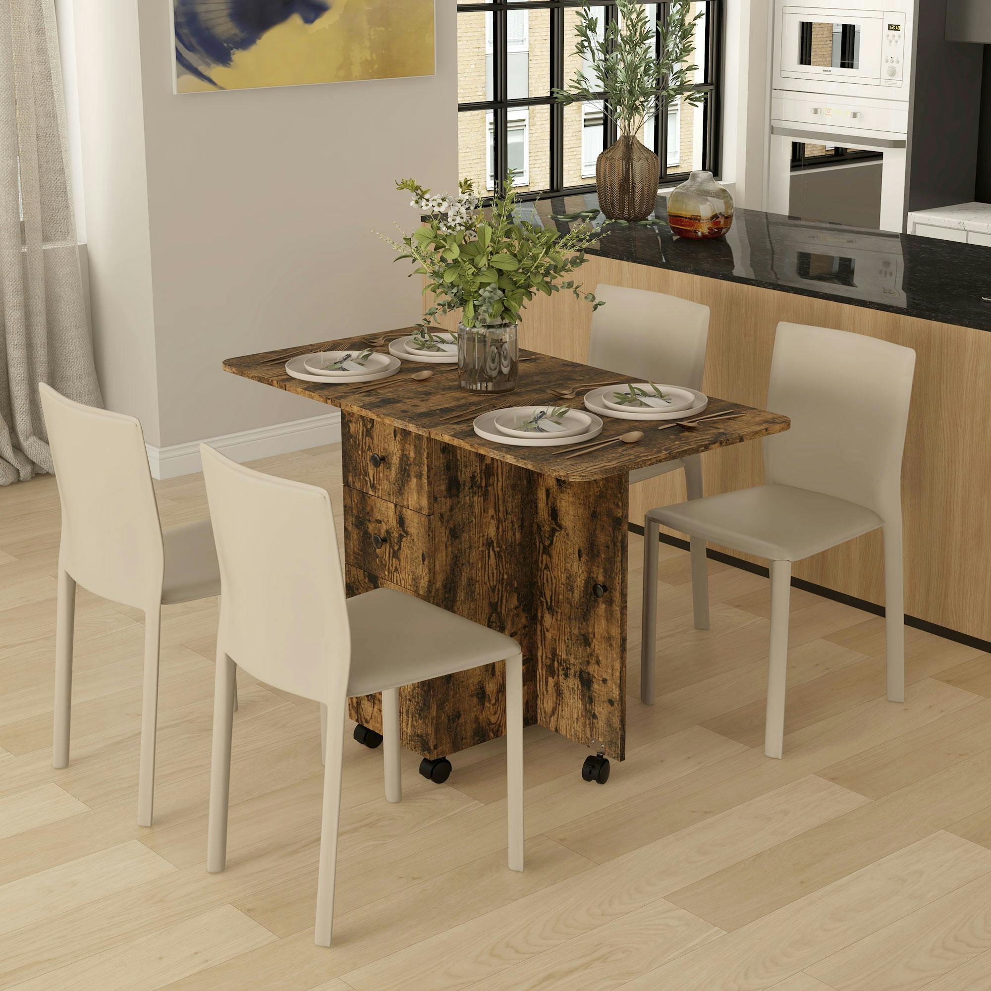 Rackhams Brown Folding Dining Table, Drop Leaf Table With Storage Drawers - Rustic
