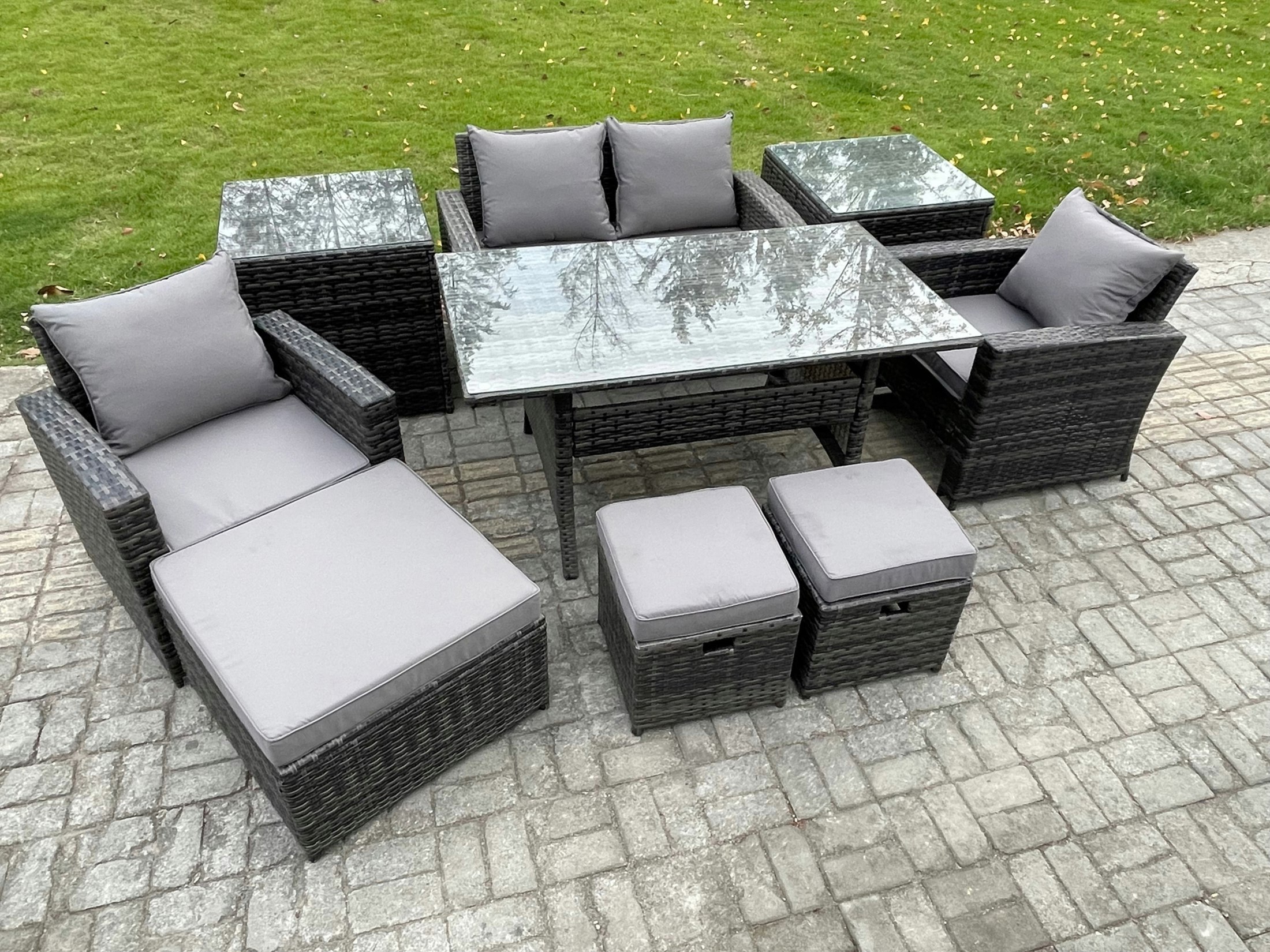 Rackhams Dark/Grey 7 Seater Pe Wicker Outdoor Garden Furniture Set Patio Furniture Rattan Rectangular Dining Table Lounge Sofa With 3 Footstools 2 Side Tables