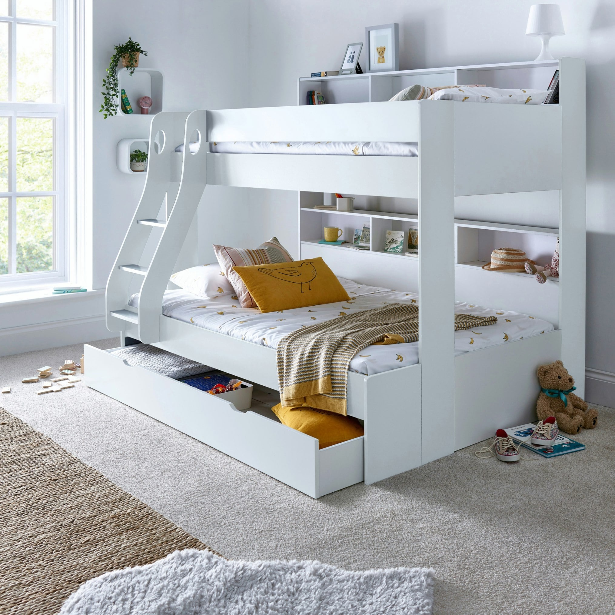 Bedmaster White Oliver Triple Sleeper Storage Bunk Bed With Drawer And Mattress Options - Single / Small Doubleite Bunk (No Drawer) With Memory Mattresses