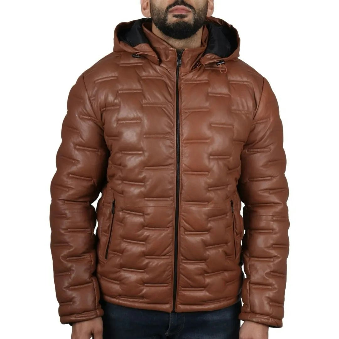 Infinity Leather Men's Leather Company Puffer Quilted Real Leather Hooded Jacket - Tan - 5XL