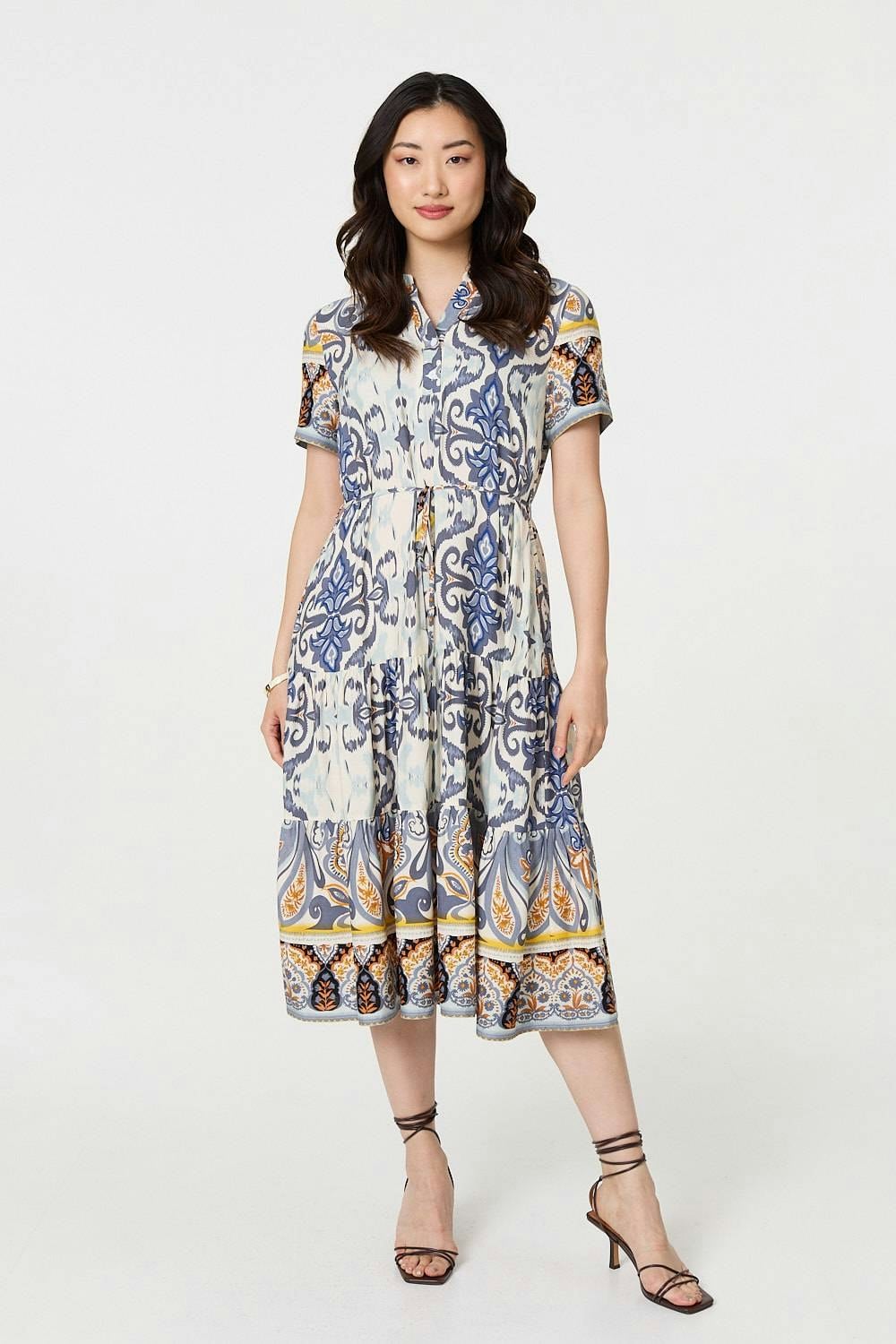 Izabel London Women's Grey Patchwork Print Short Sleeve Midi Dress - 10