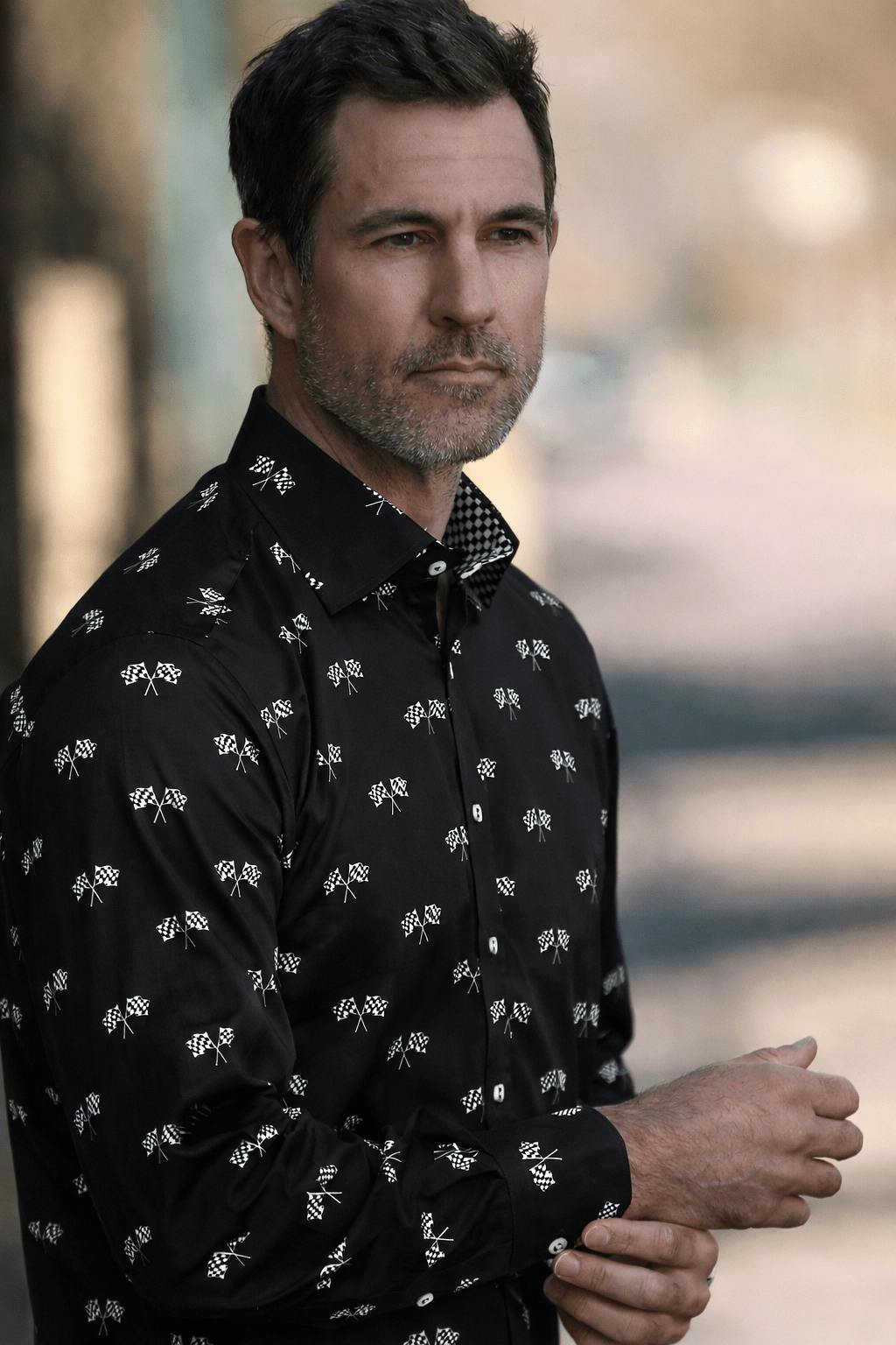 Claudio Lugli Men's Black Racing Flag Motorsport Print Shirt - 6XL