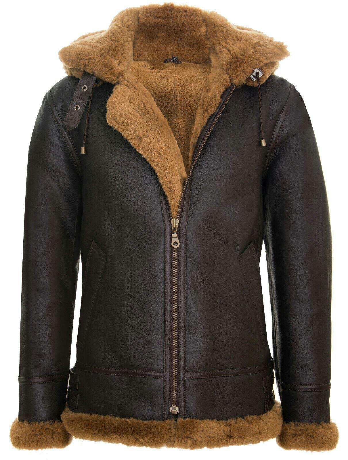 Infinity Leather Men's Brown Hooded Sheepskin Leather B3 Flying Jacket-Columbus - Ginger - Uk L | Eu 50 | Us 40
