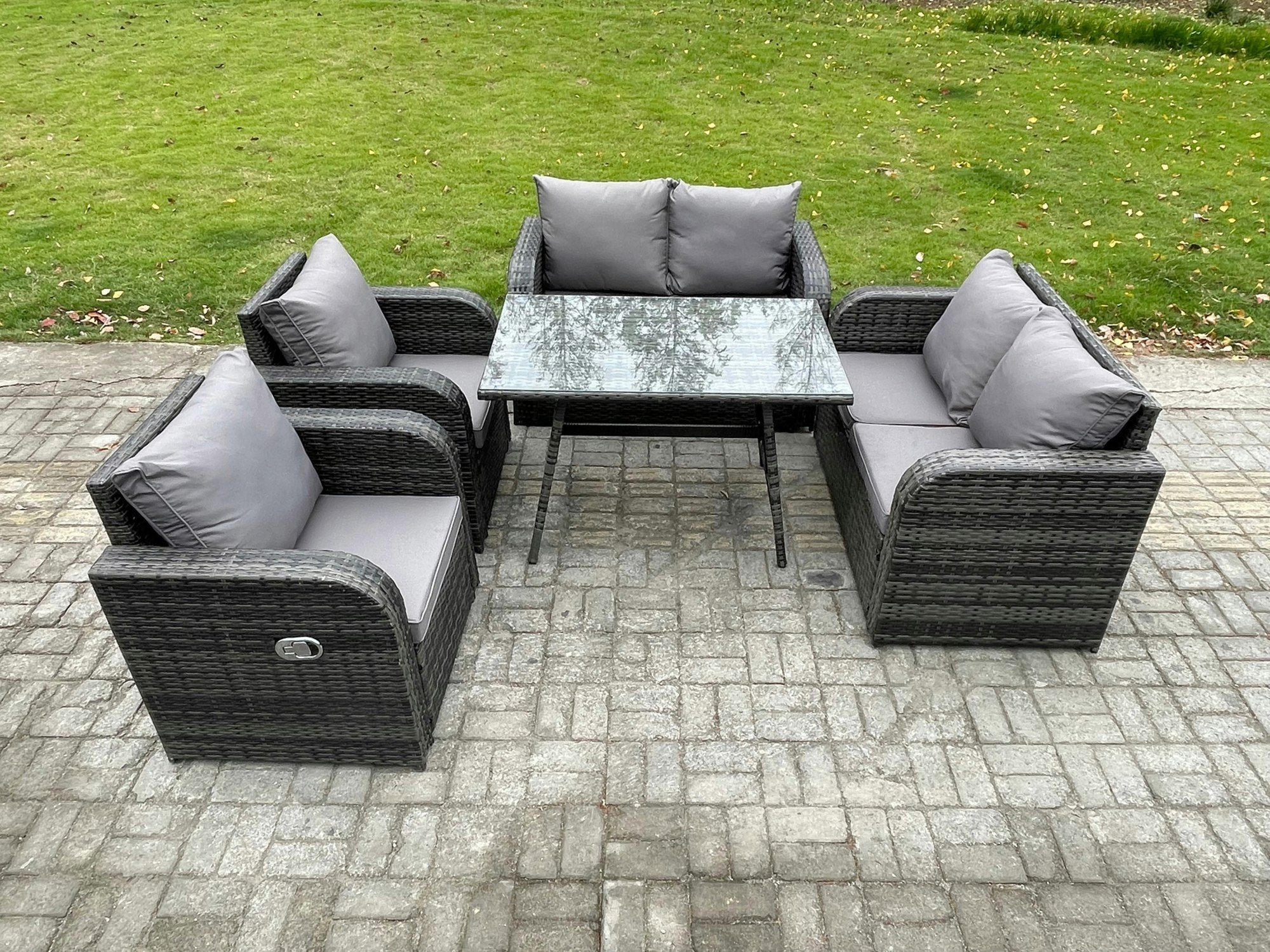 Fimous Dark/Grey Wicker Pe Rattan Garden Dining Set Outdoor Furniture Sofa With Rectangular Dining Table Mixed