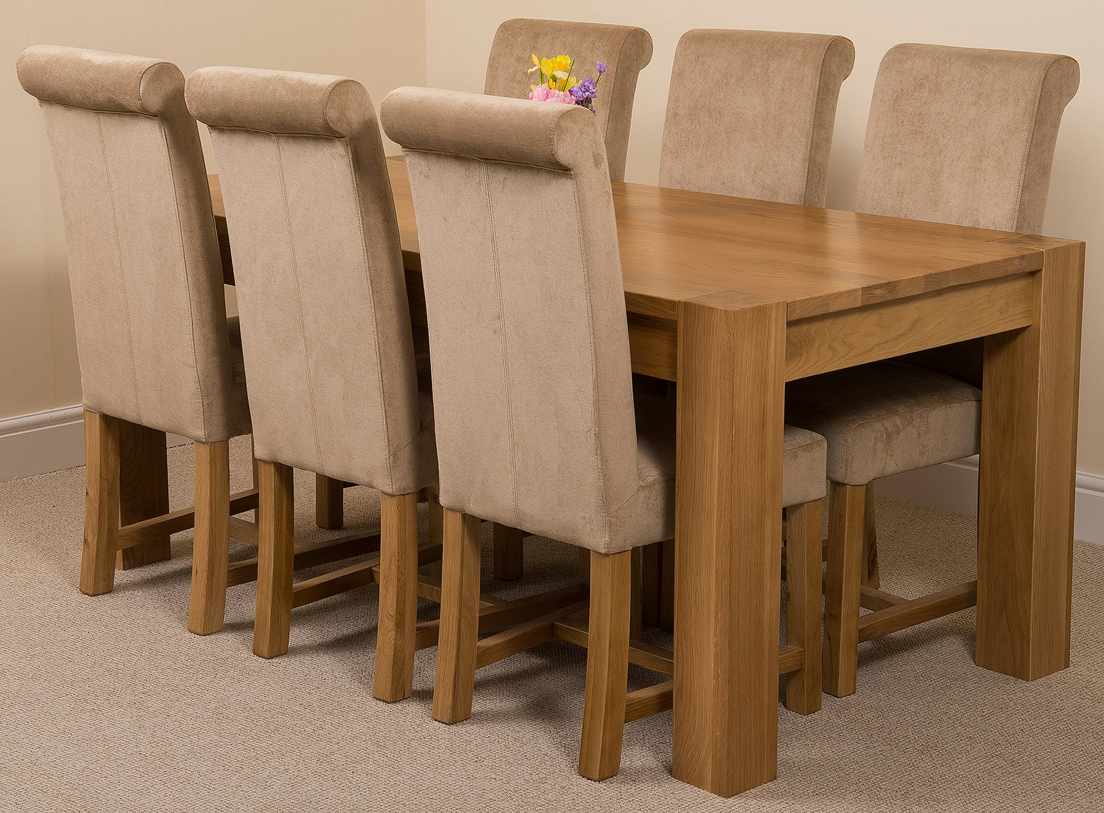 Rackhams Beige Kuba Large Oak Dining Table With Washington Fabric Chairs - 6 Chairs