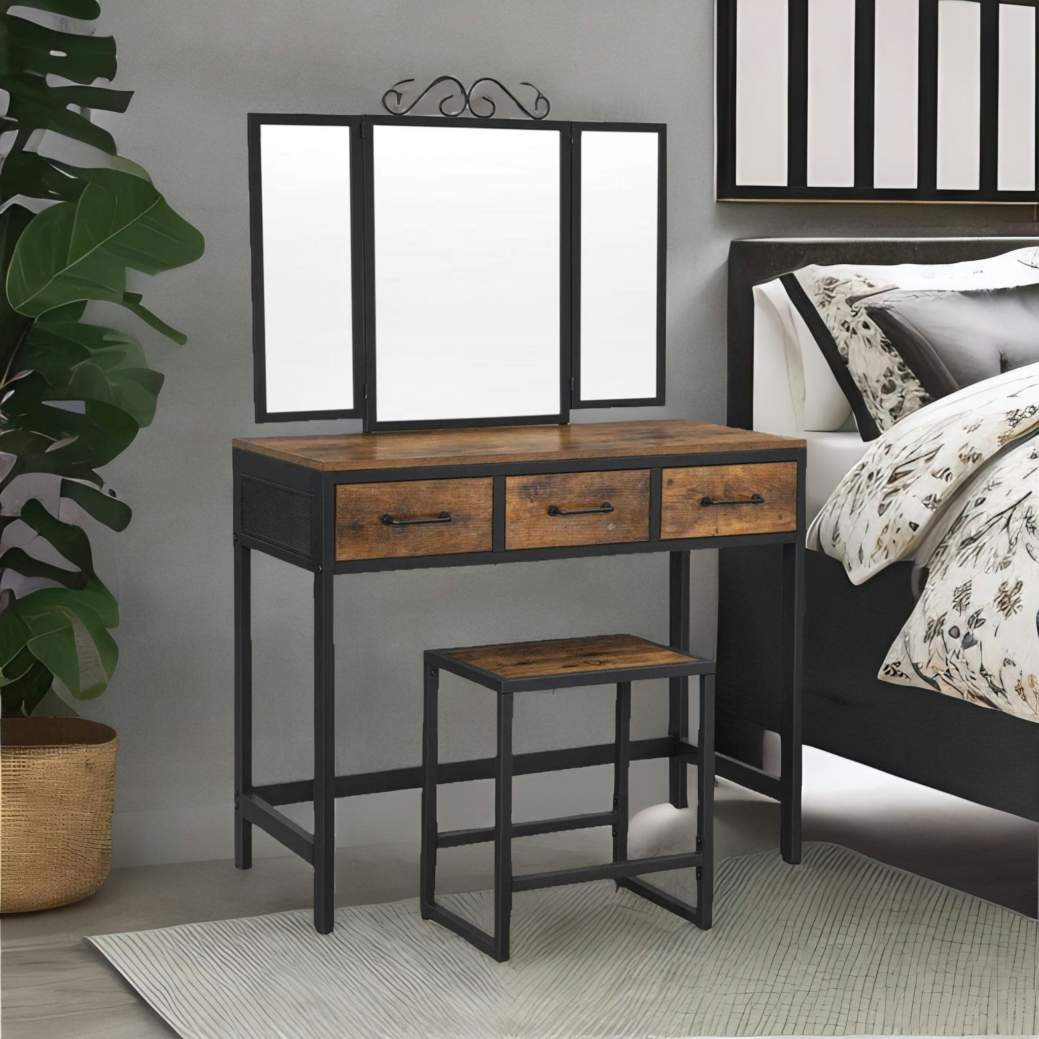 Rafaelo Mobilia Brown Industrial Rustic Dressing Table With Mirror And Stool