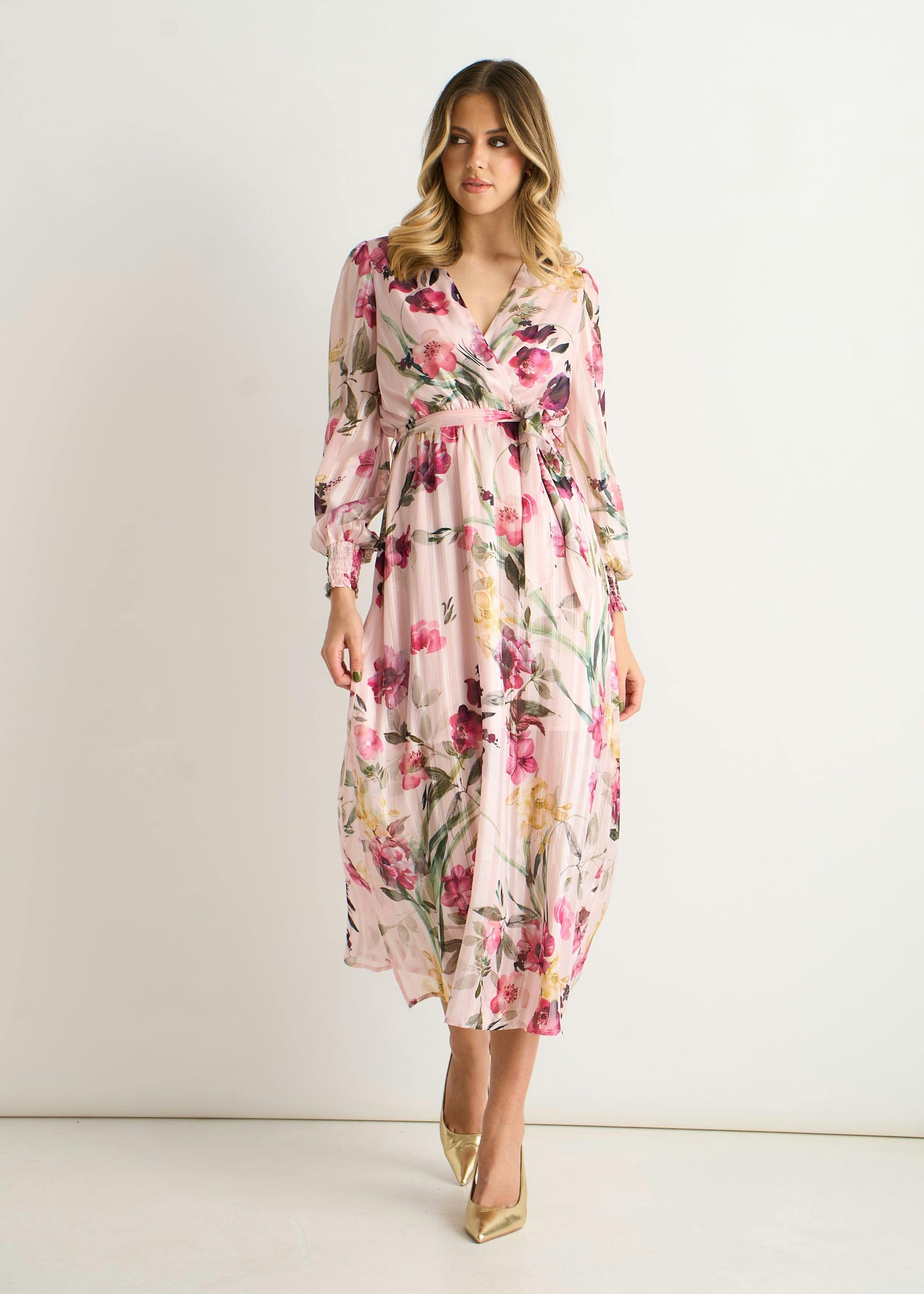 Gini London Pink Floral Print Sparkle Chiffon Wrap Midi Dress - Uk 8 / Us 4 / Eu 36