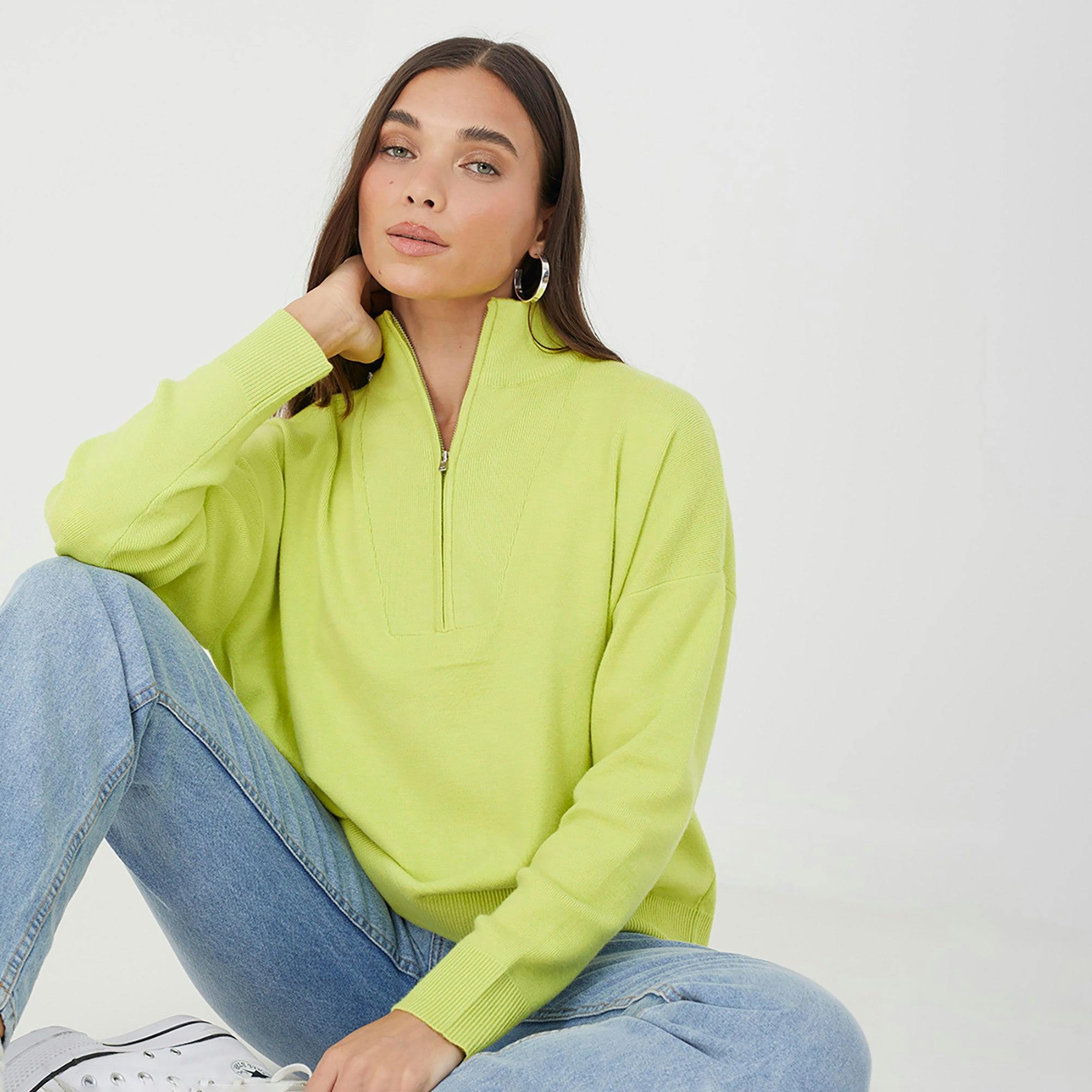 Brave Soul 1/2 Zip Knitted Jumper - Lime - Lime - Xl