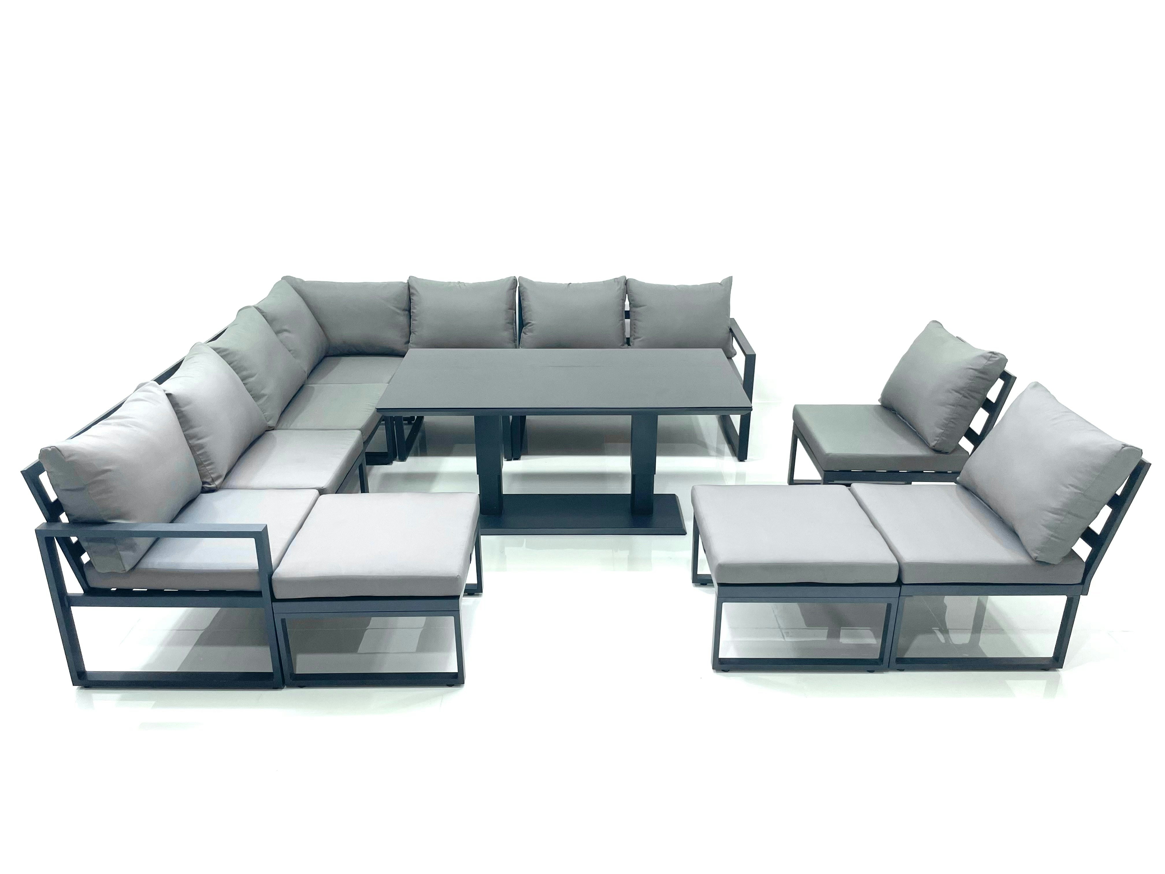 Fimous Dark/Grey 11 Seater Outdoor Aluminum Garden Furniture Set Corner Sofa 2 Big Footstools Rising Lifting Dining Table Sets