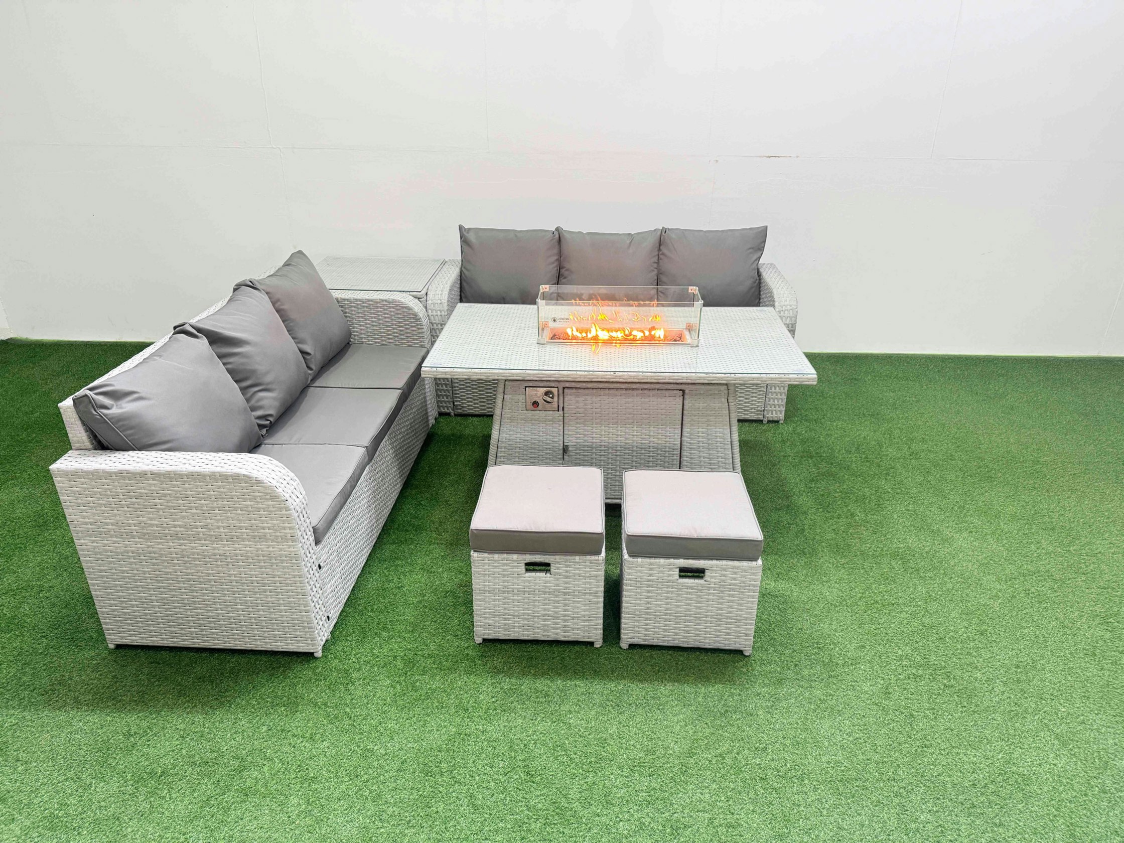 Fimous Light/Grey Outdoor Garden Furniture Sets 8 Seater Rattan Furniture Sofa Sets With Fire Pit Dining Table High Back Lounge Sofa Stools Side Table