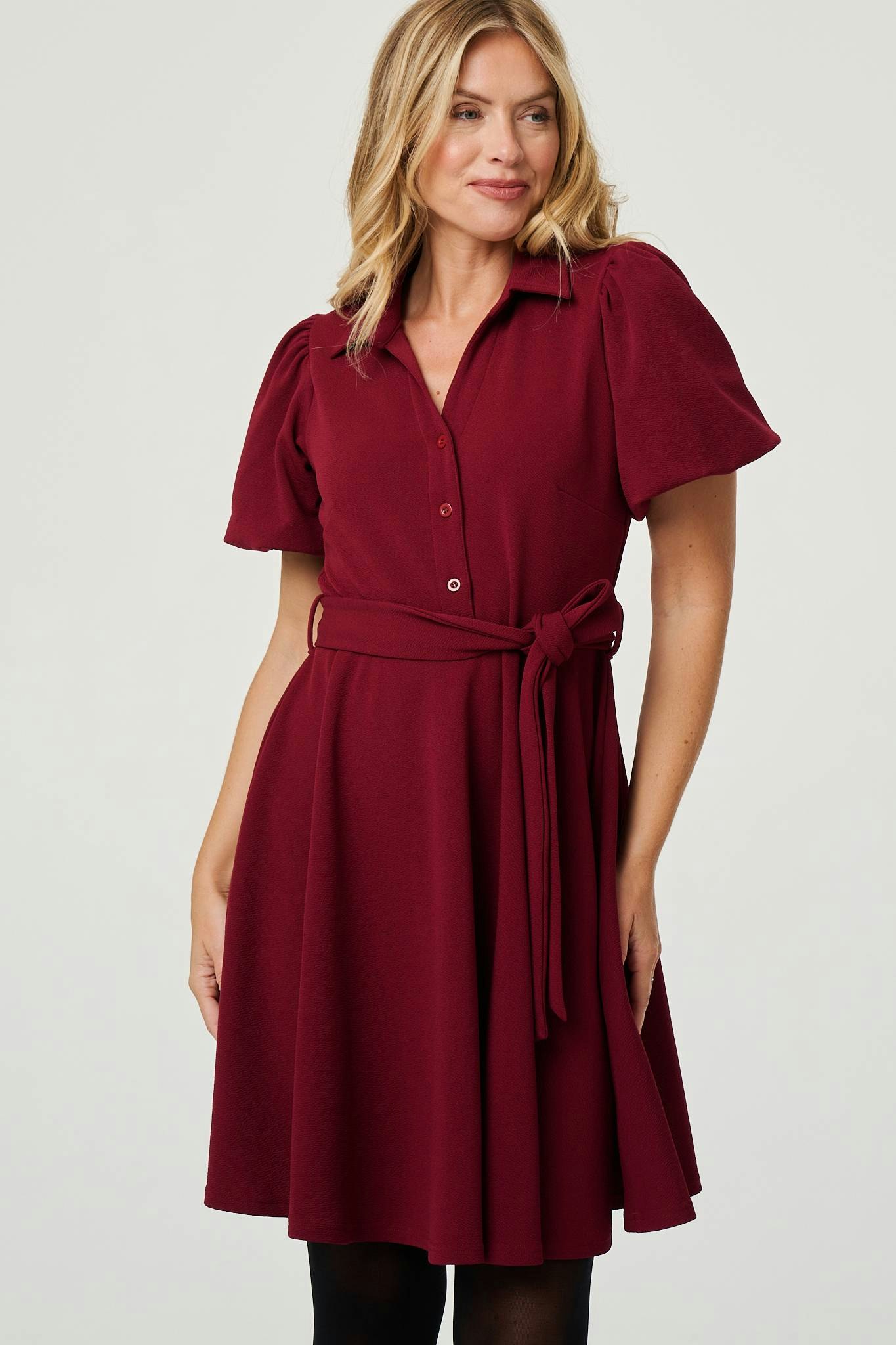 Izabel London Red Puff Sleeve Tie Waist Short Skater Dress - 12