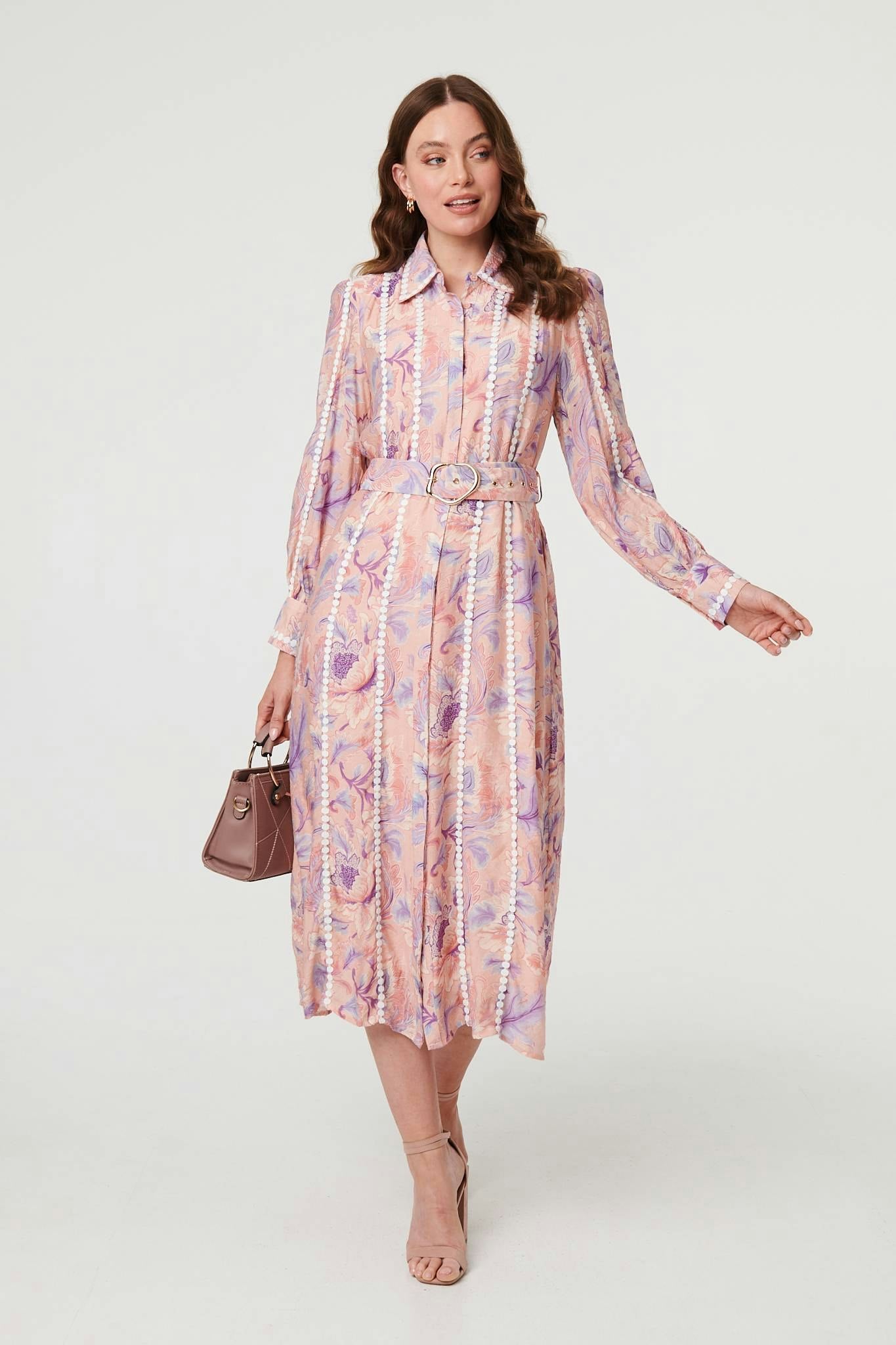 Izabel London Pink Floral Embellished Midi Shirt Dress - 14