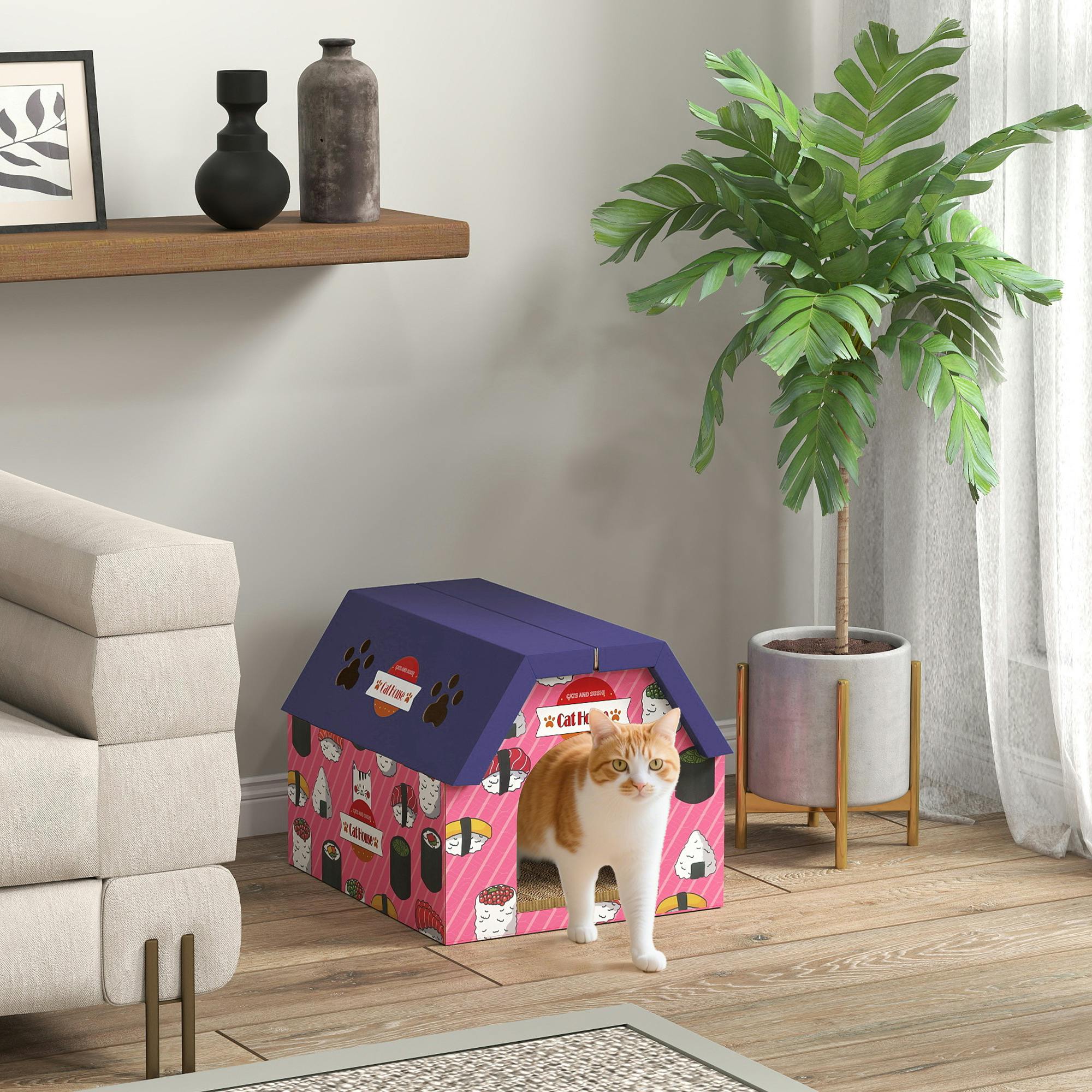 Pawhut 2-In-1 Cat Scratching Board House With 4 Paw-Shaped Vents, Pink - Image 5