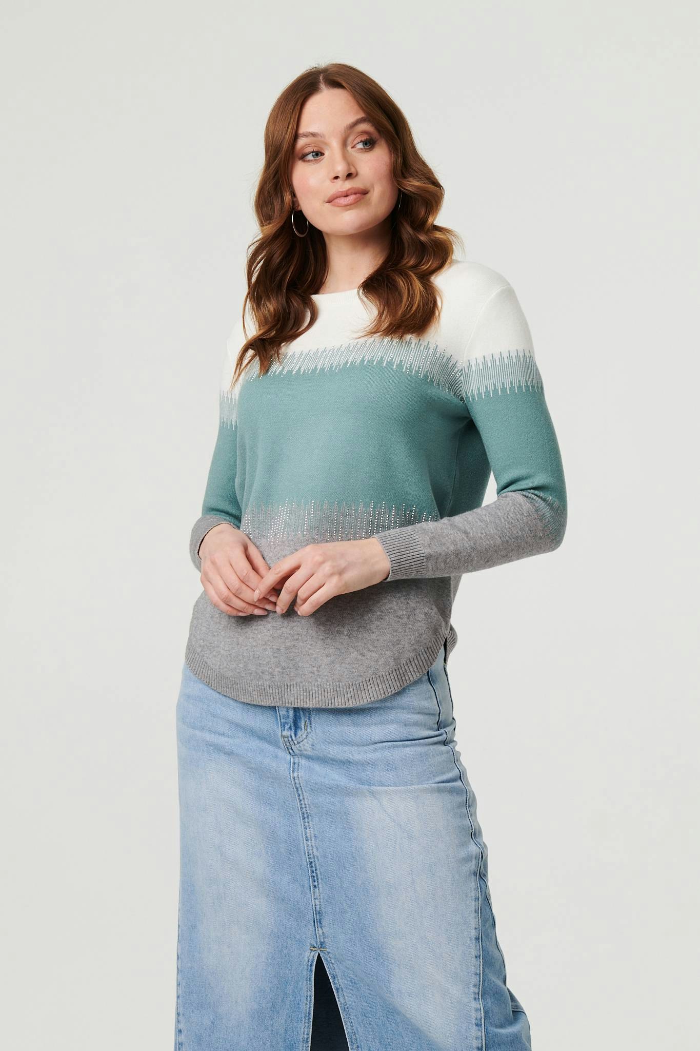 Izabel London Green Sparkly Colour Block Curve Hem Jumper - 12
