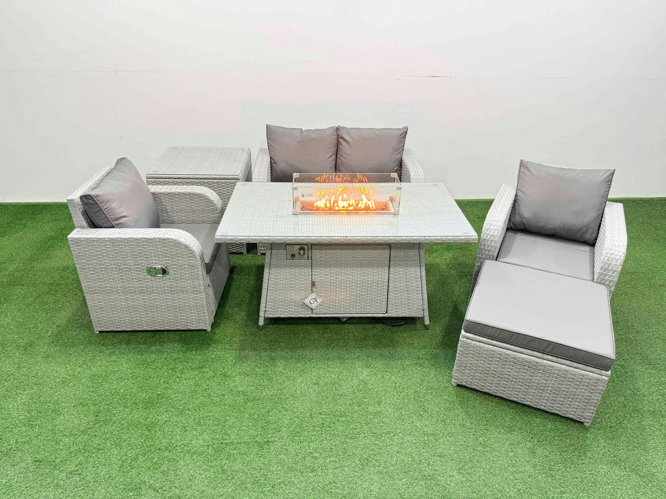 Rackhams Light/Grey Pe Wicker Rattan Garden Furniture Set Sofa Set Reclining Chair Fire Pit Dining Table 5 Seater With Footstool Side Table