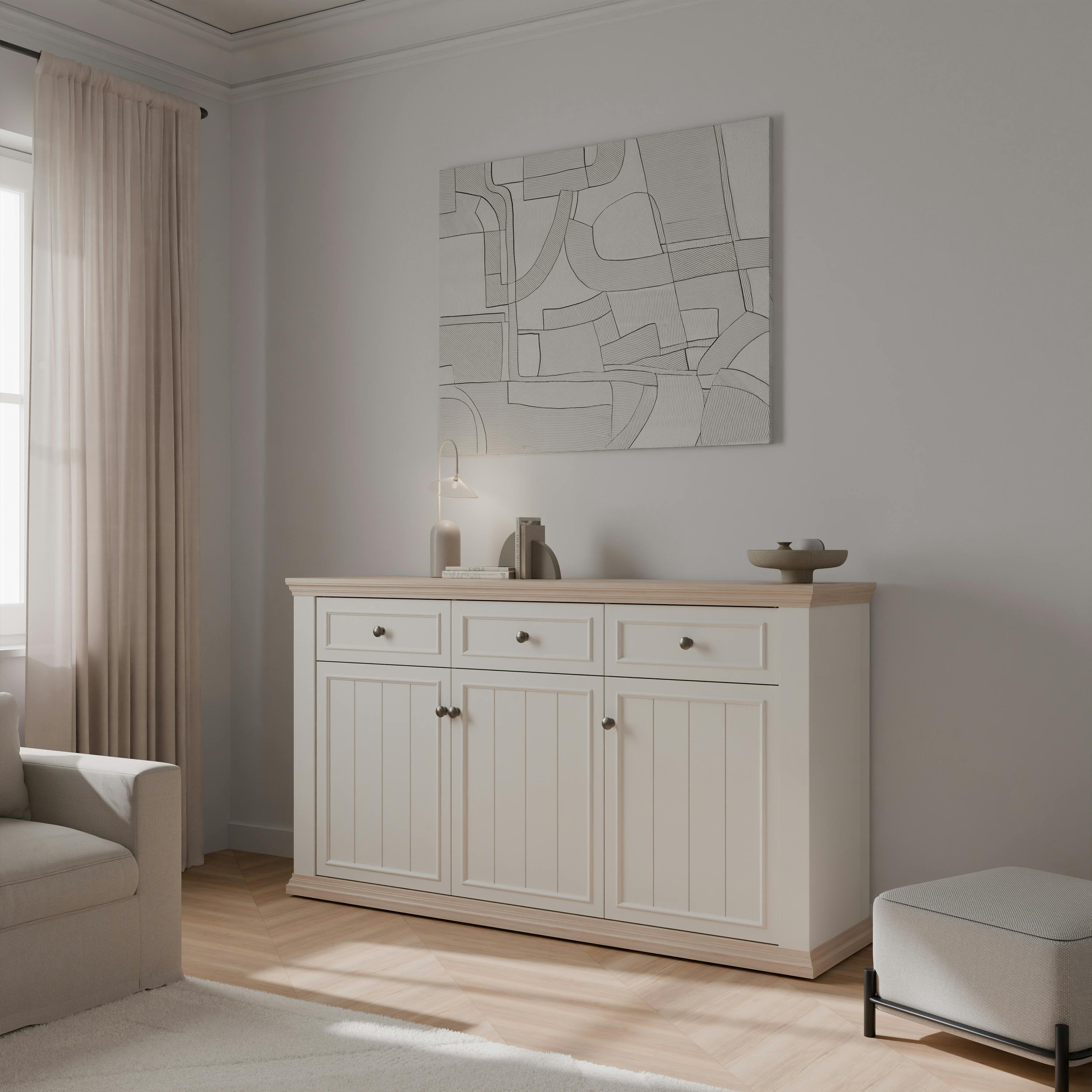 Furniture To Go White Pontypool 3 Drawer & 3 Door Sideboard In And Riva Oak - W 169.2 X H 95.4 X D 43.5Cm - & Oak - 1