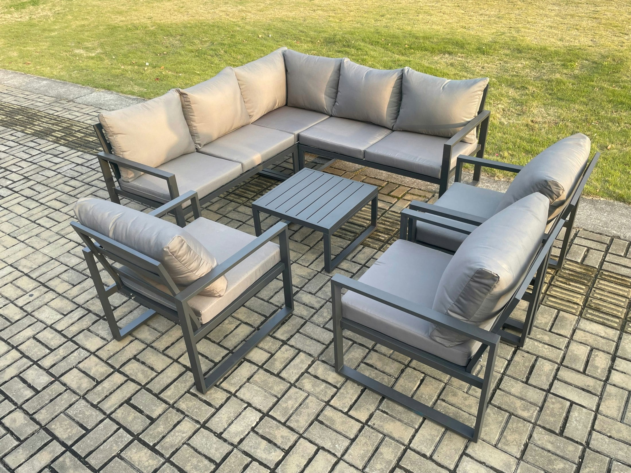 Fimous Dark/Grey 8 Seater Outdoor Aluminium Garden Furniture Set Corner Lounge Sofa Set With Square Coffee Table Chair