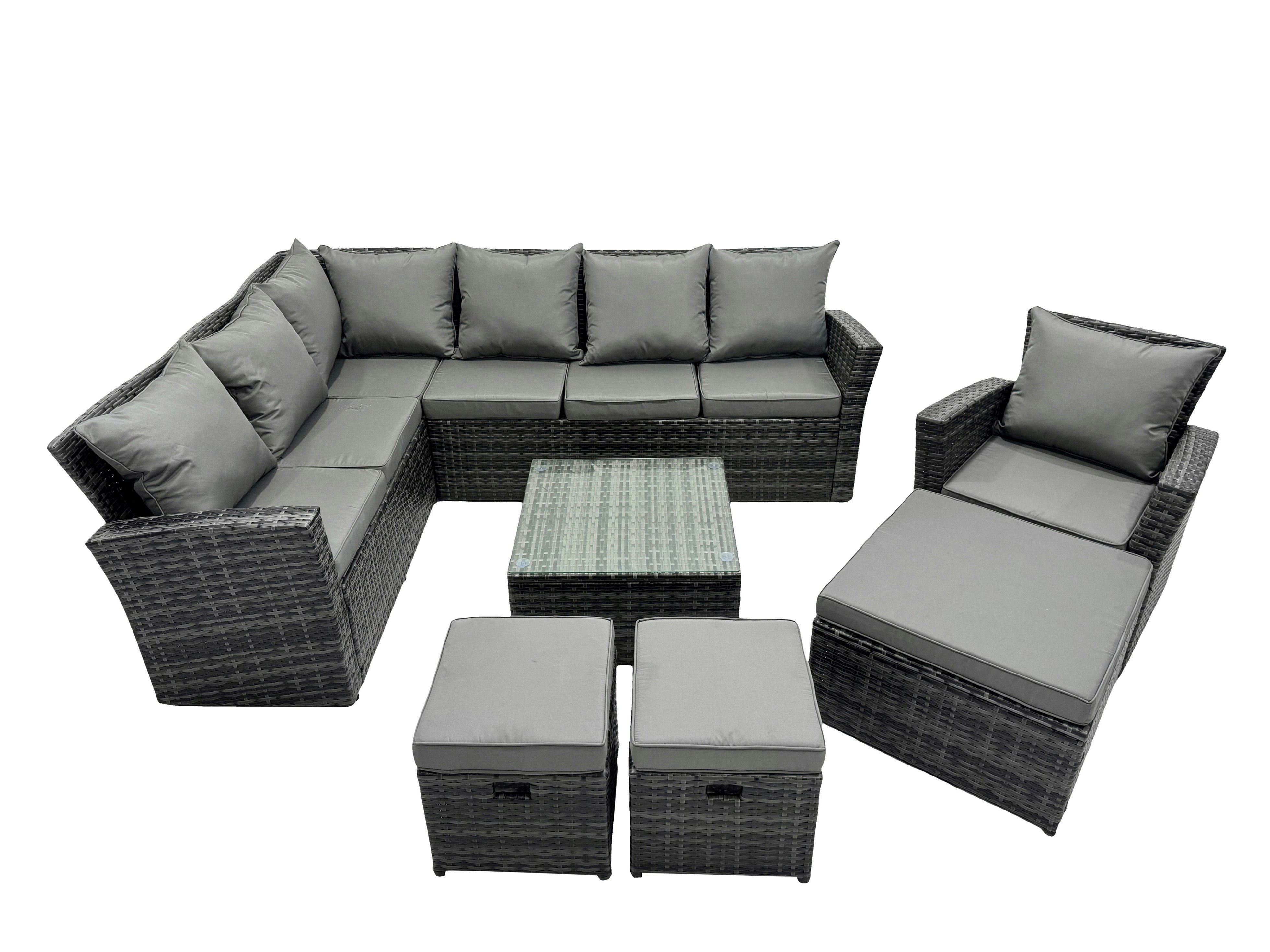 Rackhams Dark/Grey Poly Rattan Outdoor Patio Coffee Table Corner Sofa Set With 3 Stool Chair For Garden Backyard Mixed