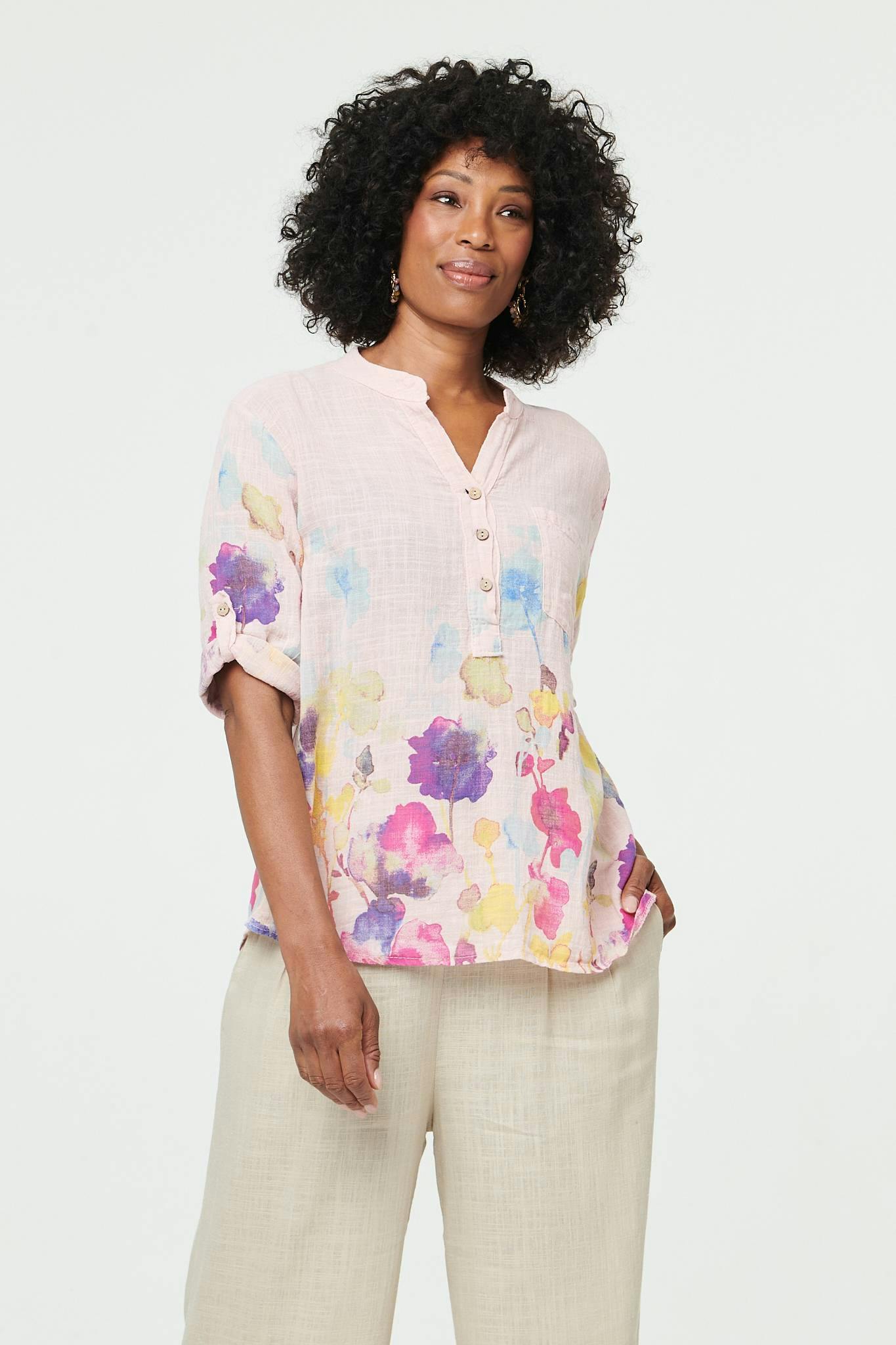 Izabel London Pink Floral Turn-Up Sleeve Curve Hem Blouse - 10