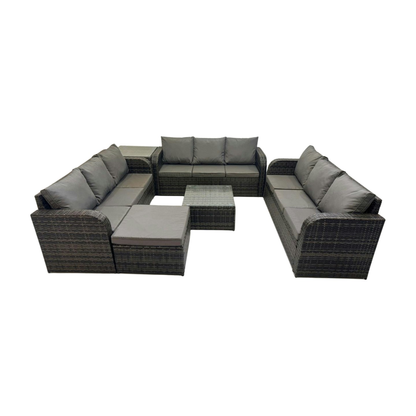 Rackhams Dark/Grey Rattan Garden Outdoor Furniture Set 3 Seater Sofa Square Coffee Table Set With Big Stool Side Table Mixed