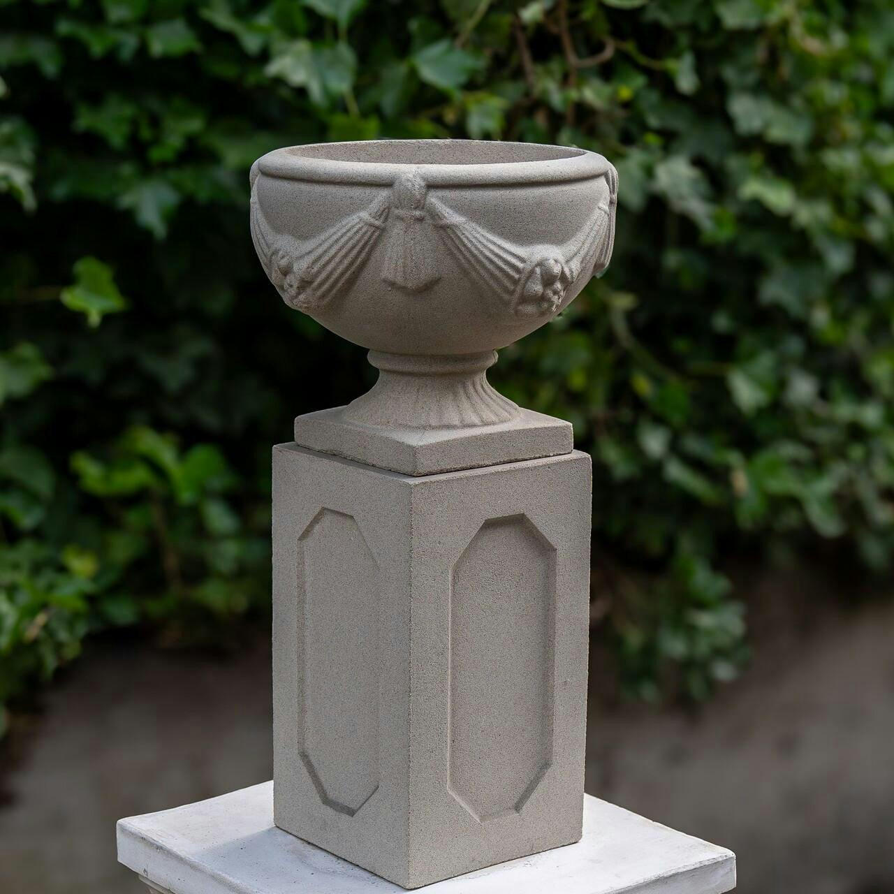 Rackhams White Large Round Sandstone Garden Urn On Square Plinth